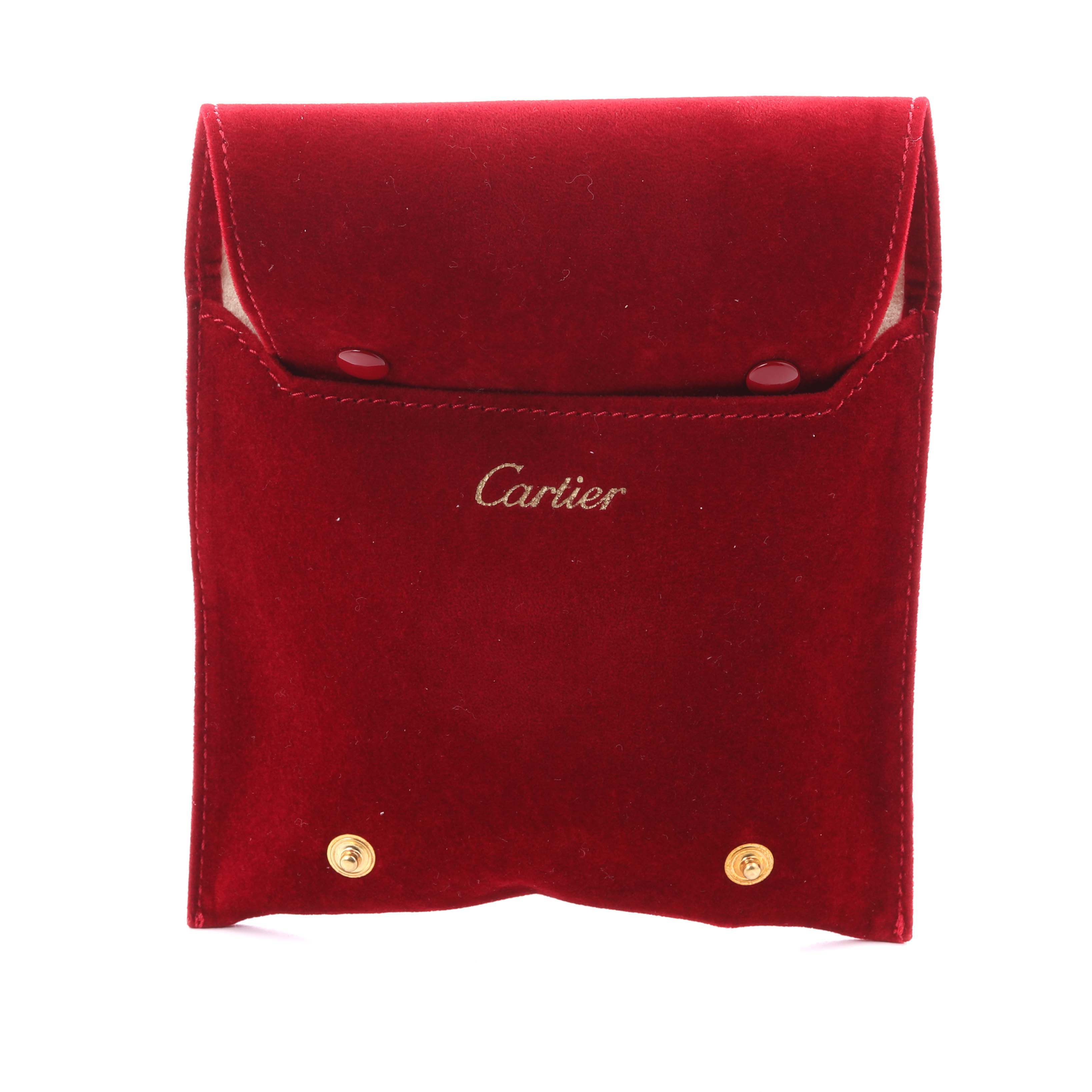 The image shows a red velvet pouch for Cartier Roadster W62016V3 Women
s Stainless Steel Silver Dial W62016V3 Women
s Stainless Steel Silver Dial accessories, viewed from the front with the brand logo visible.
