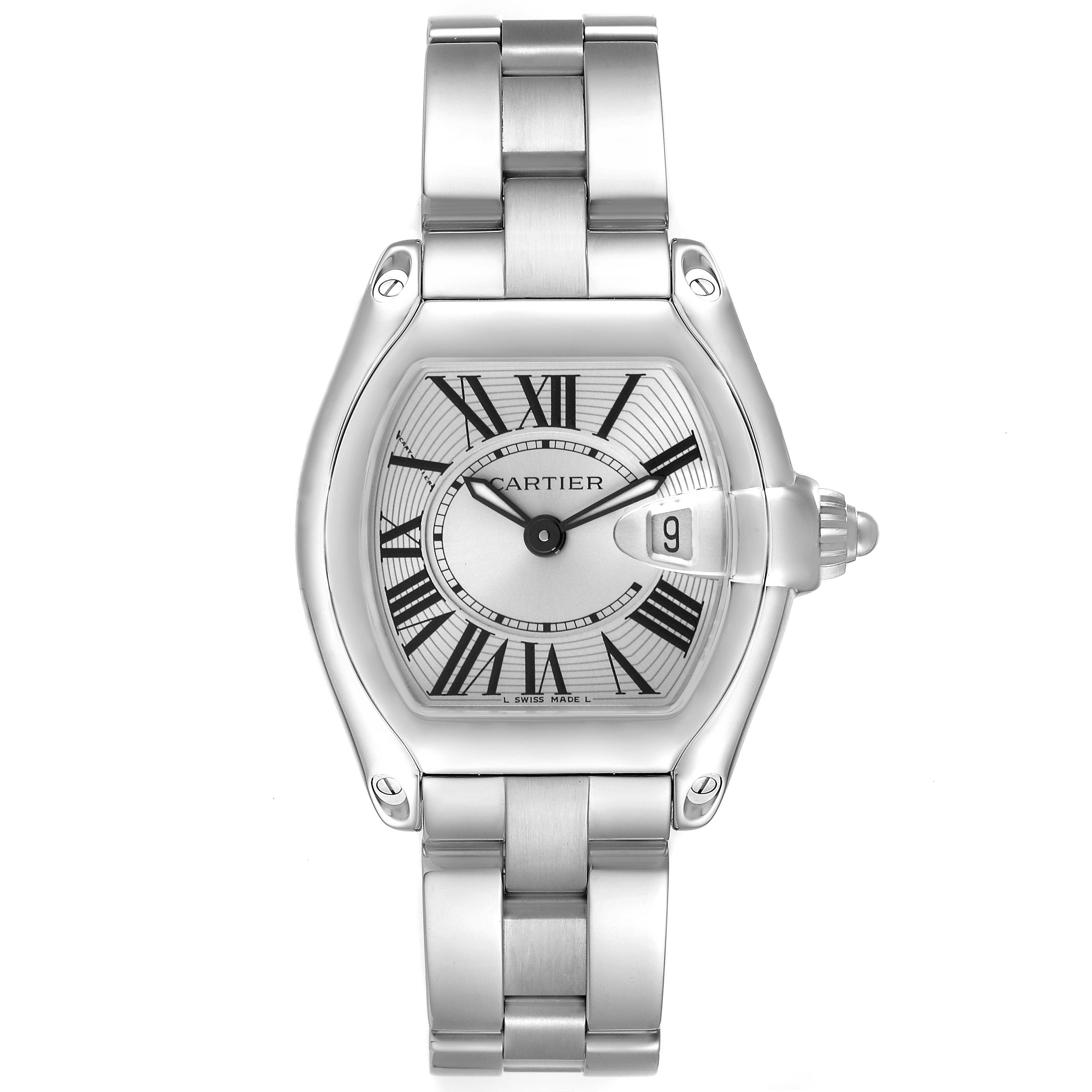 The Cartier Roadster W62016V3 Women
s Stainless Steel Silver Dial W62016V3 Women
s Stainless Steel Silver Dial watch is shown from a front view, displaying its face and metal band.