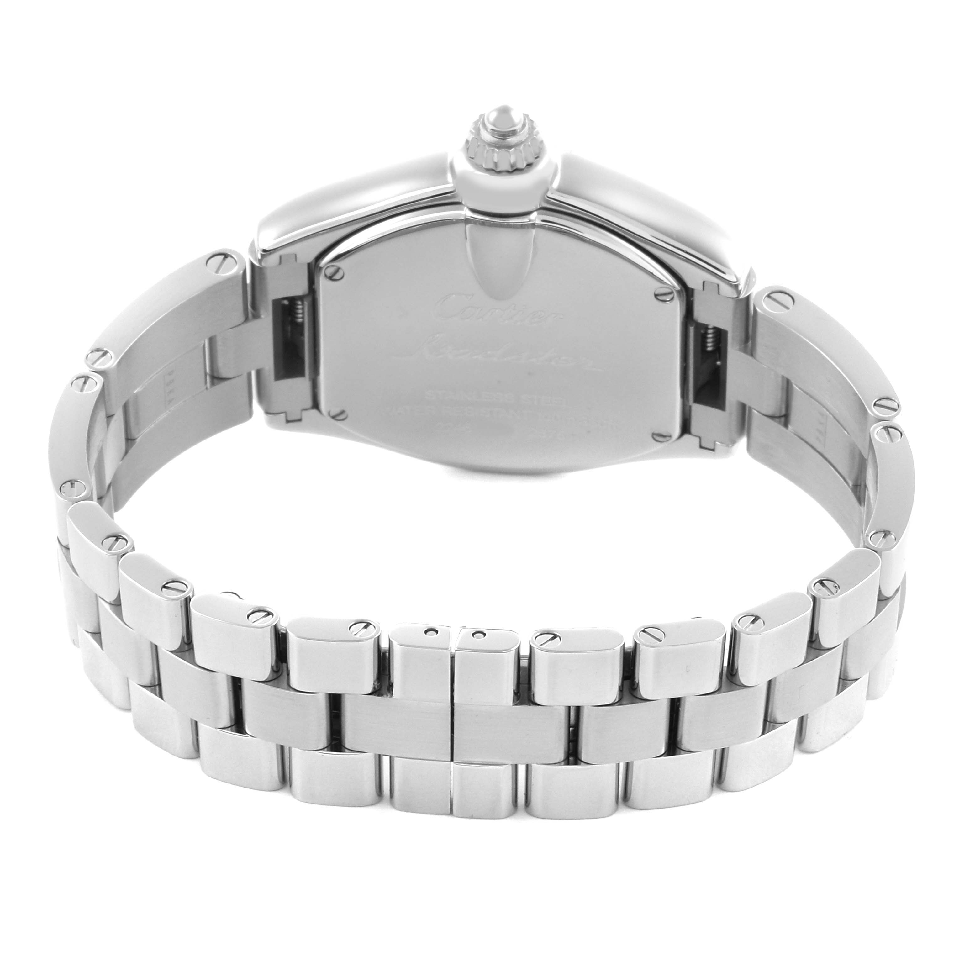 The image shows the back case and bracelet of the Cartier Roadster W62016V3 Women
s Stainless Steel Silver Dial W62016V3 Women
s Stainless Steel Silver Dial watch from a rear angle.