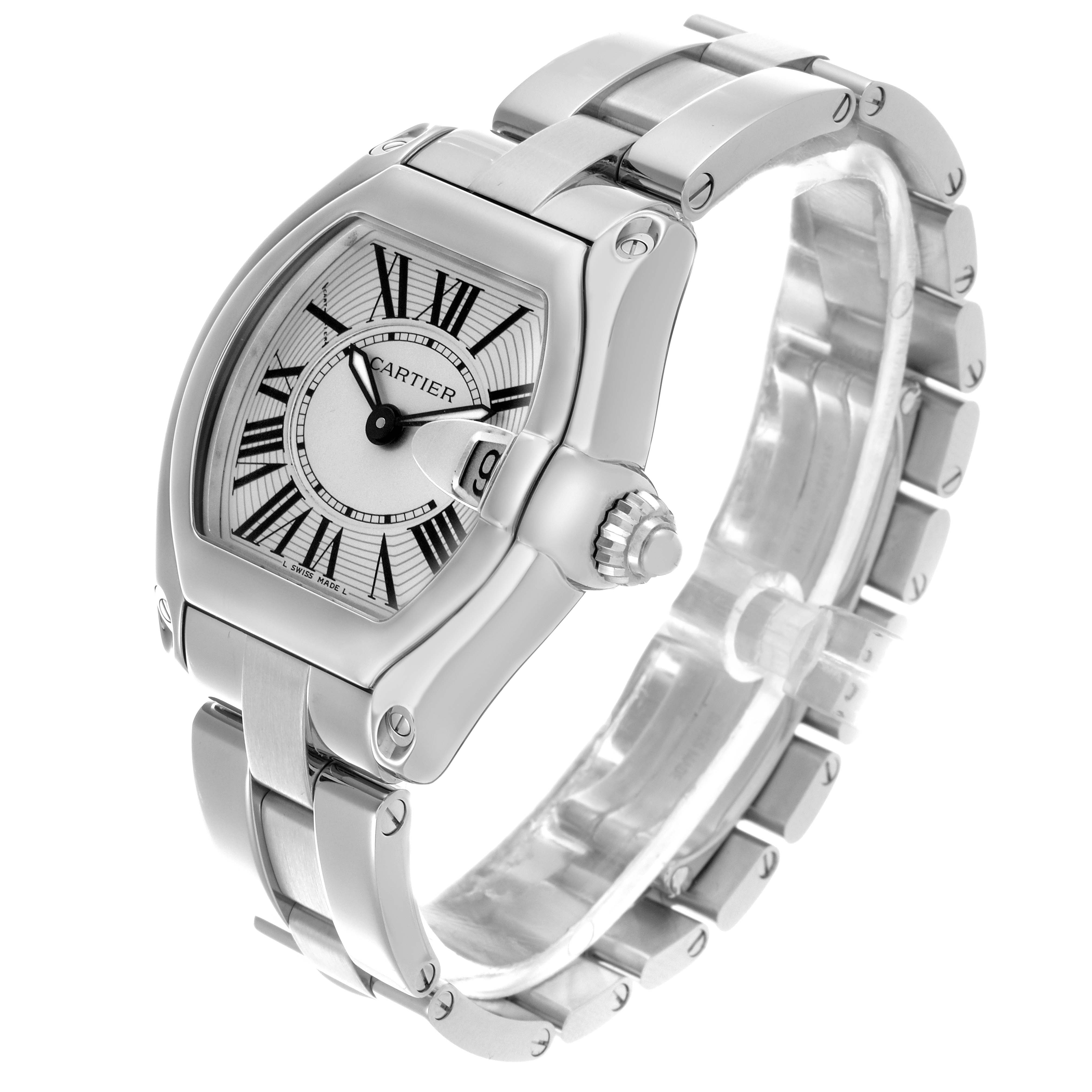 The Cartier Roadster W62016V3 Women
s Stainless Steel Silver Dial W62016V3 Women
s Stainless Steel Silver Dial watch is shown at a slight angle, displaying its face, crown, and bracelet.