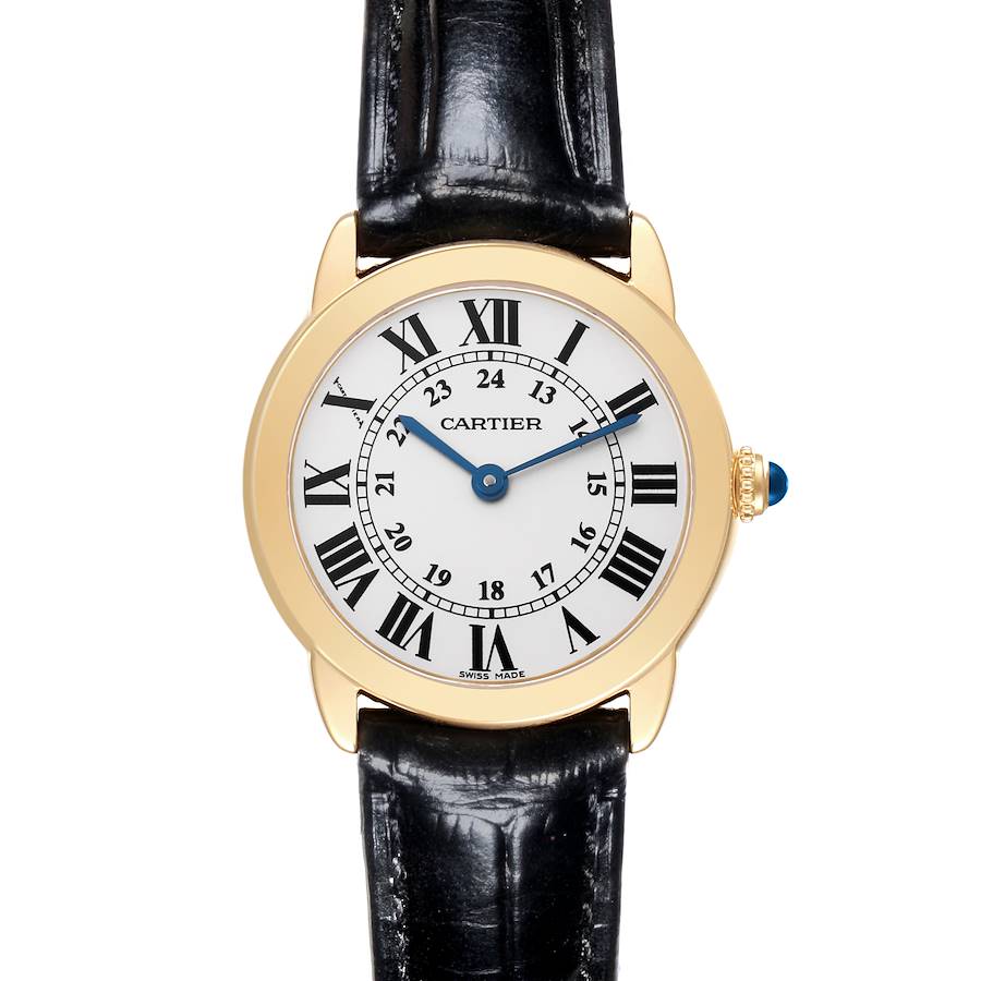 The Cartier Ronde watch is shown from the front, highlighting its dial, hands, and crown with a leather strap.