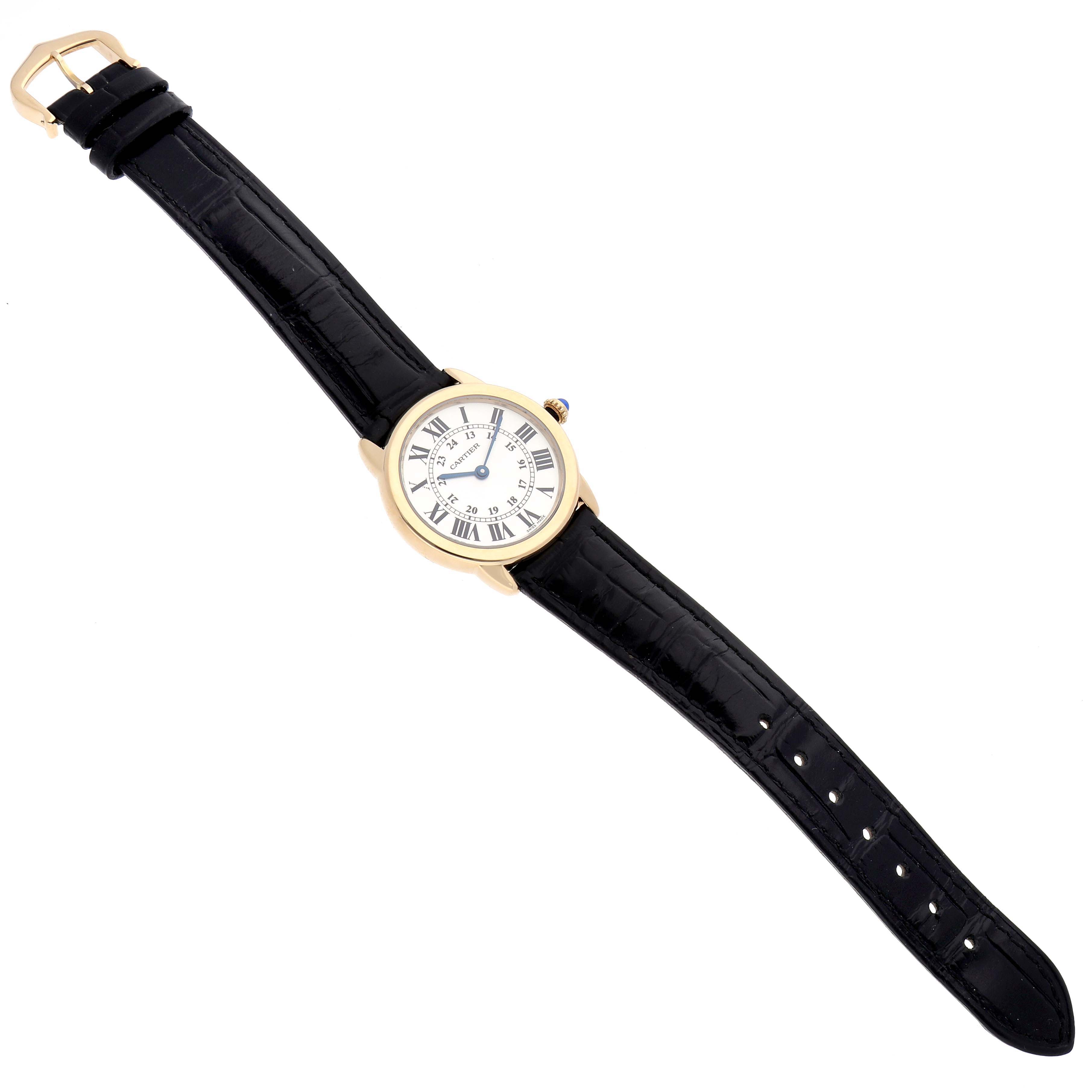 The Cartier Ronde W6700355 Women's Steel and Gold (two tone) Silver Dial W6700355 Women's Steel and Gold (two tone) Silver Dial watch is shown from a top-down angle, displaying the face, bezel, and leather strap.