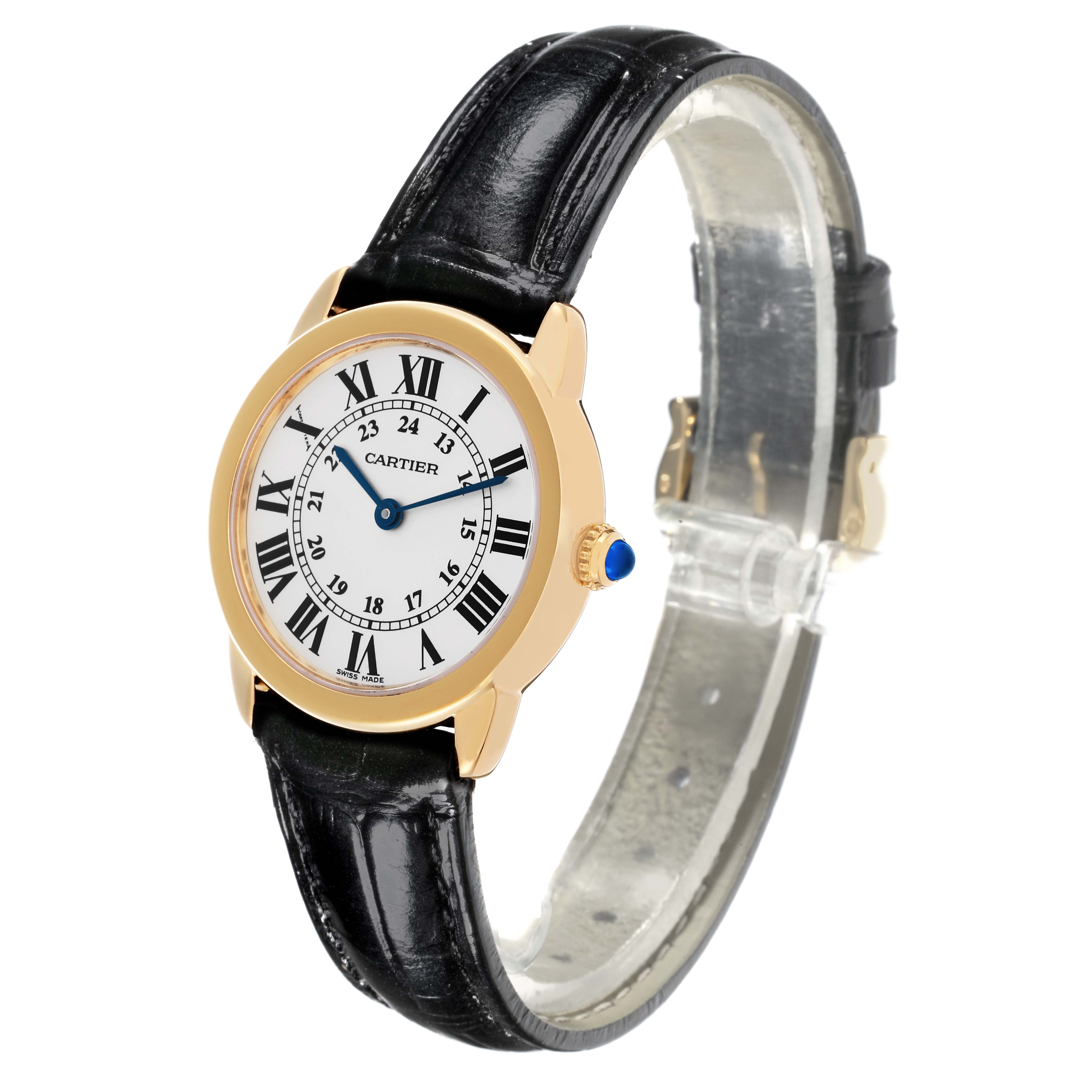 The Cartier Ronde W6700355 Women's Steel and Gold (two tone) Silver Dial W6700355 Women's Steel and Gold (two tone) Silver Dial watch is shown in a three-quarter view with its face, crown, and leather strap visible.