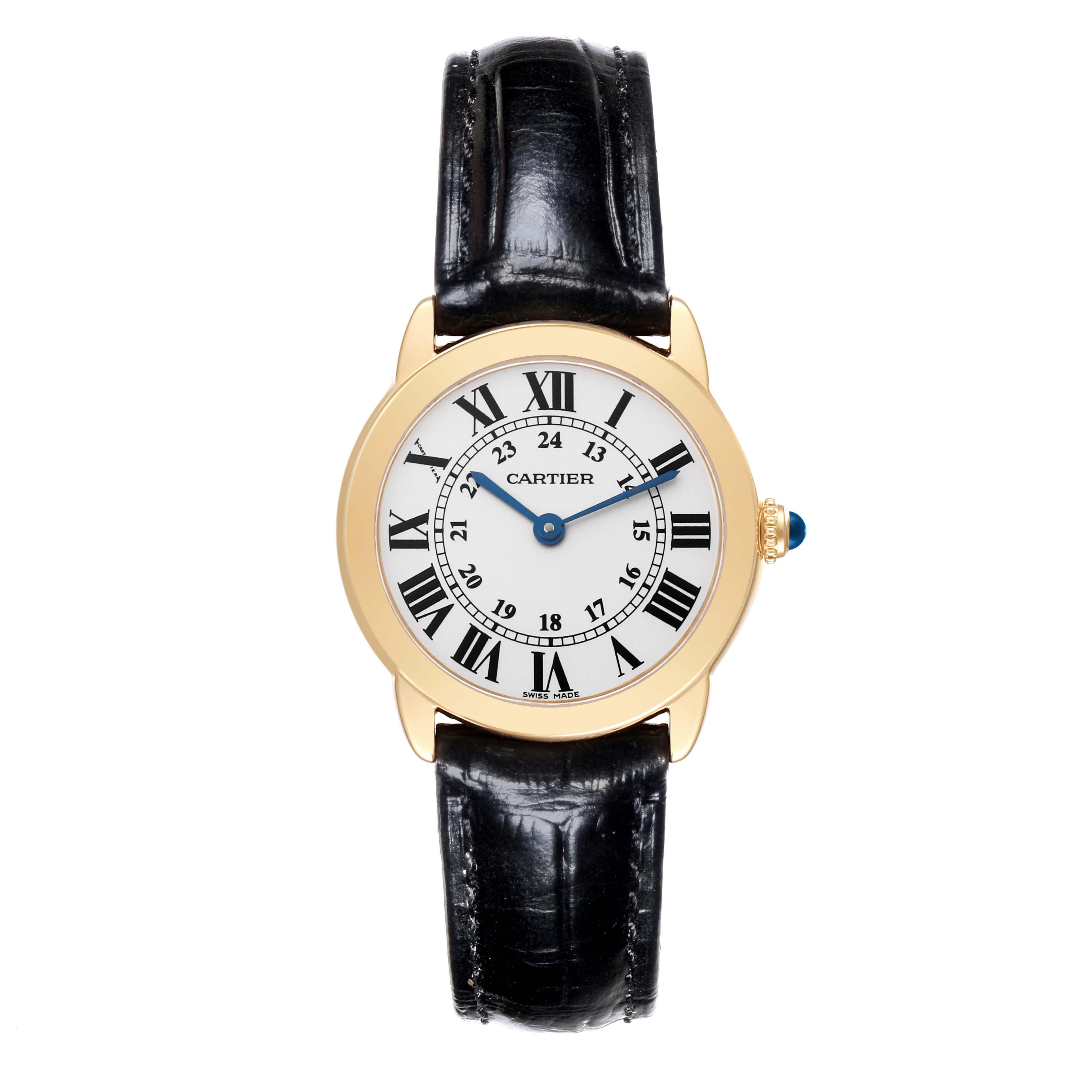 The Cartier Ronde W6700355 Women's Steel and Gold (two tone) Silver Dial W6700355 Women's Steel and Gold (two tone) Silver Dial watch is shown from the front, featuring a round dial, Roman numerals, and a leather strap.