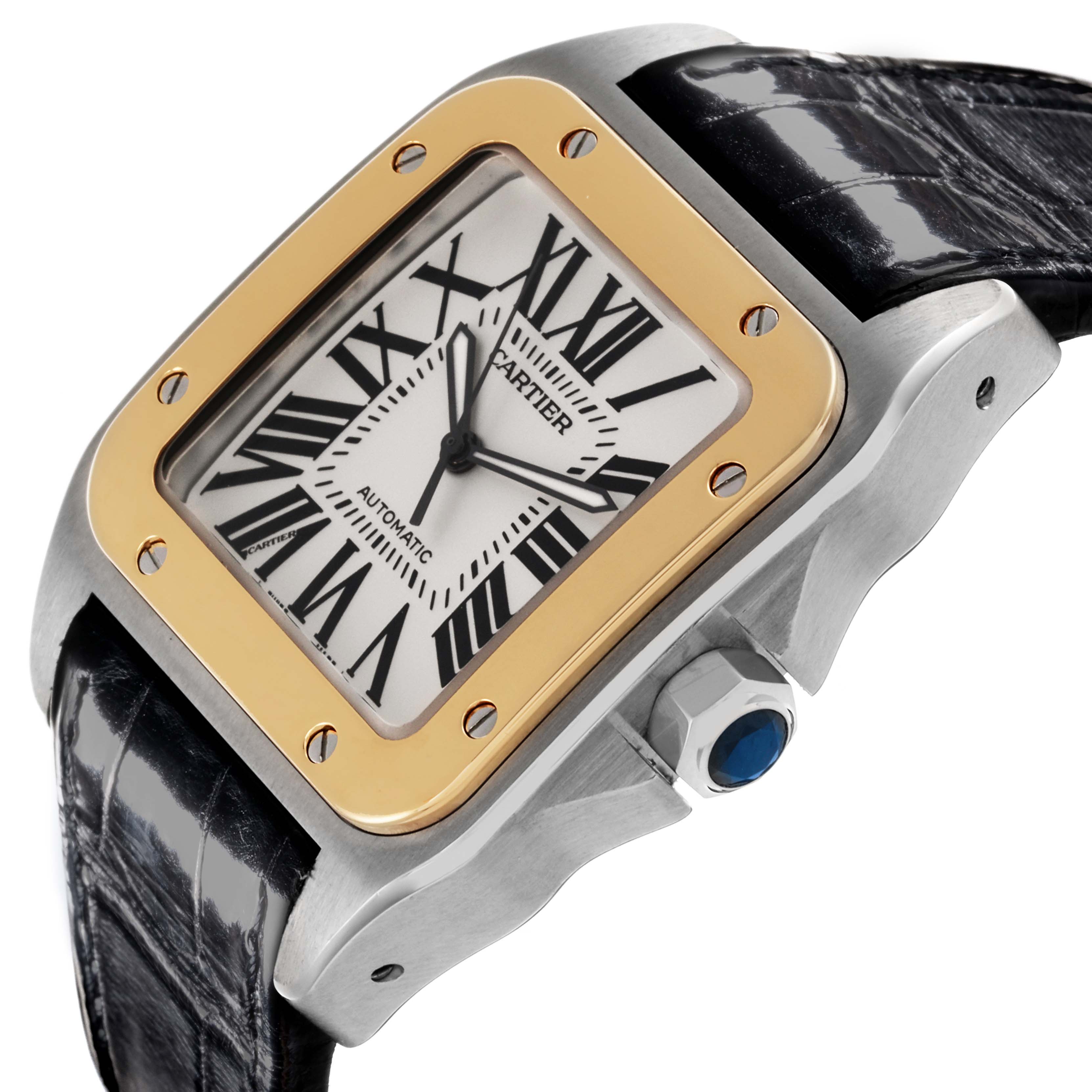 The Cartier Santos W20072X7 Men's Steel and Gold (two tone) Silver Dial W20072X7 Men's Steel and Gold (two tone) Silver Dial watch is shown at an angled close-up, highlighting the dial, bezel, crown, and leather strap.
