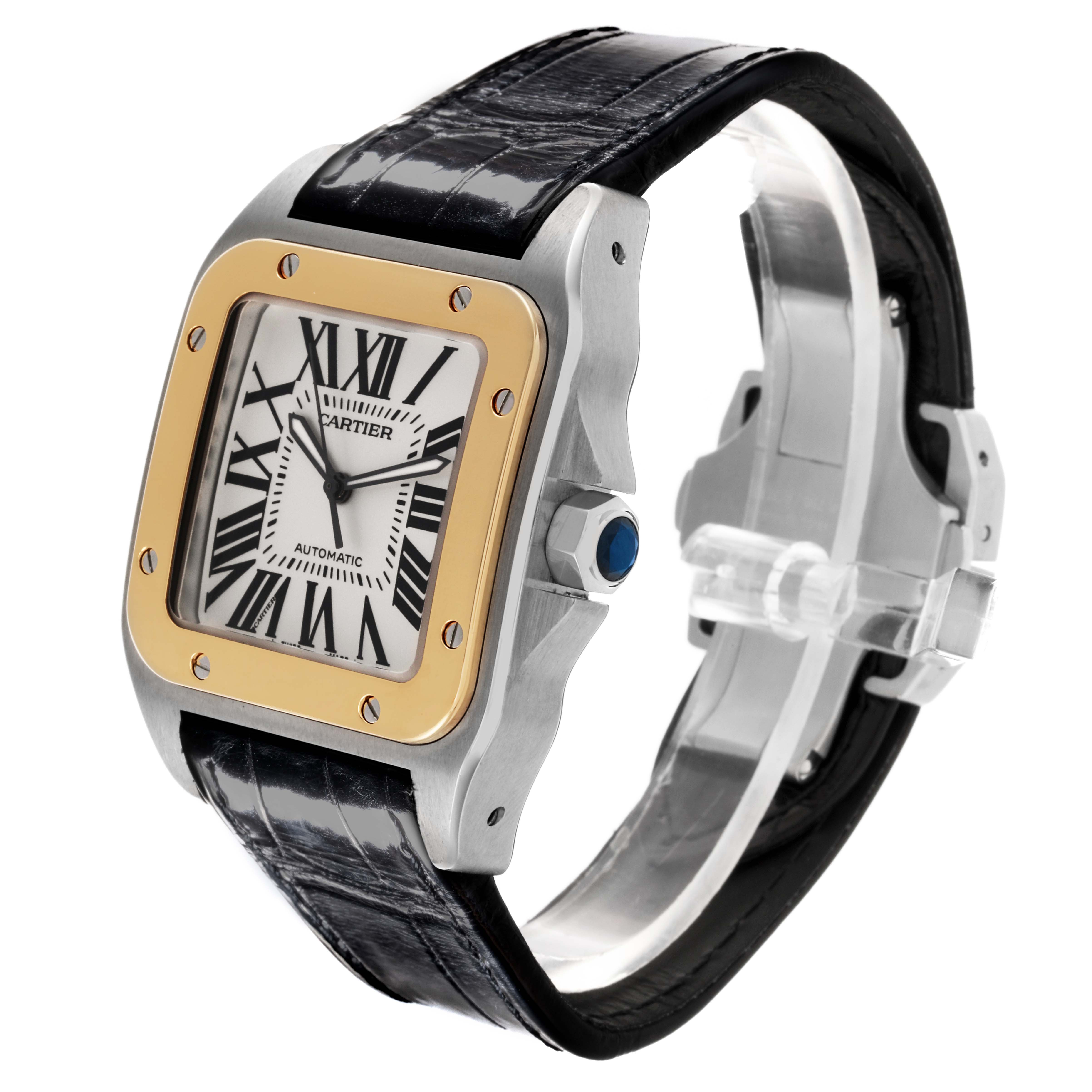 The Cartier Santos W20072X7 Men's Steel and Gold (two tone) Silver Dial W20072X7 Men's Steel and Gold (two tone) Silver Dial watch is shown at a three-quarter angle, highlighting the face, bezel, crown, and leather strap.