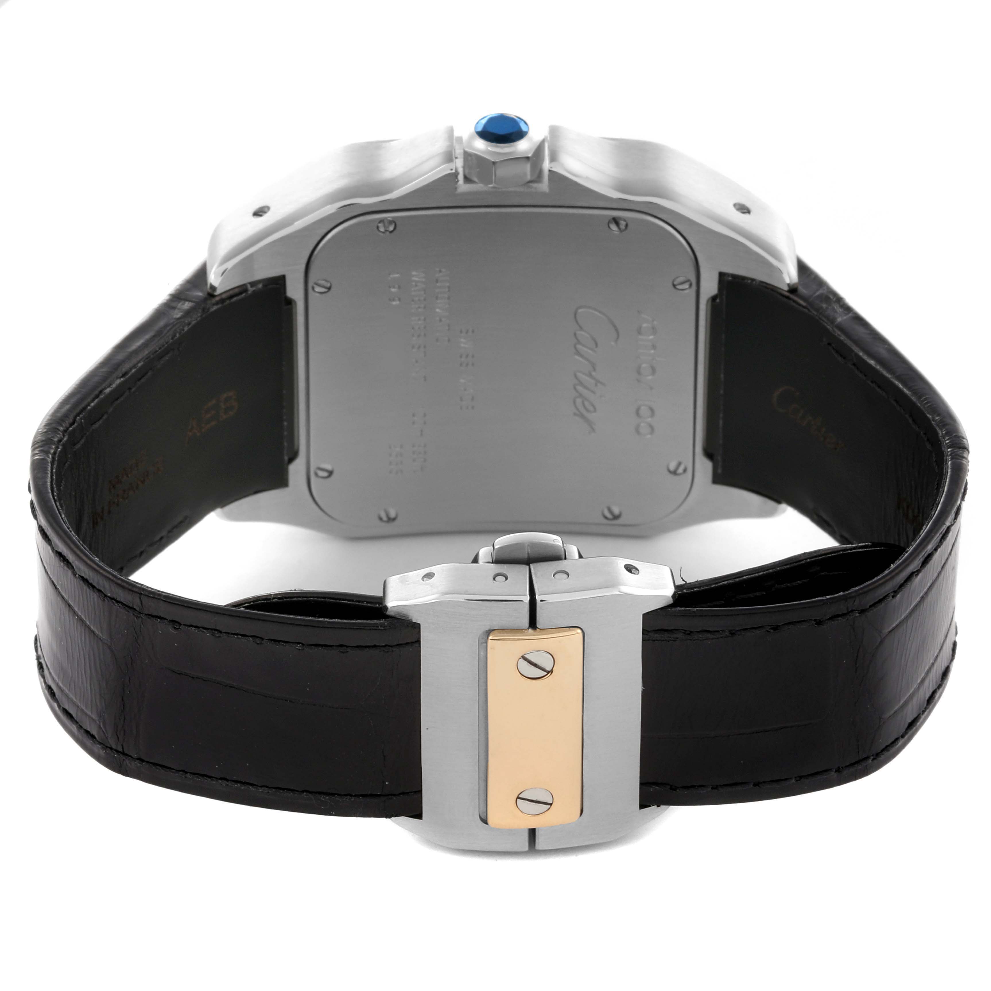 The image shows the back of a Cartier Santos W20072X7 Men's Steel and Gold (two tone) Silver Dial W20072X7 Men's Steel and Gold (two tone) Silver Dial watch, including the caseback, crown, and leather strap with buckle.