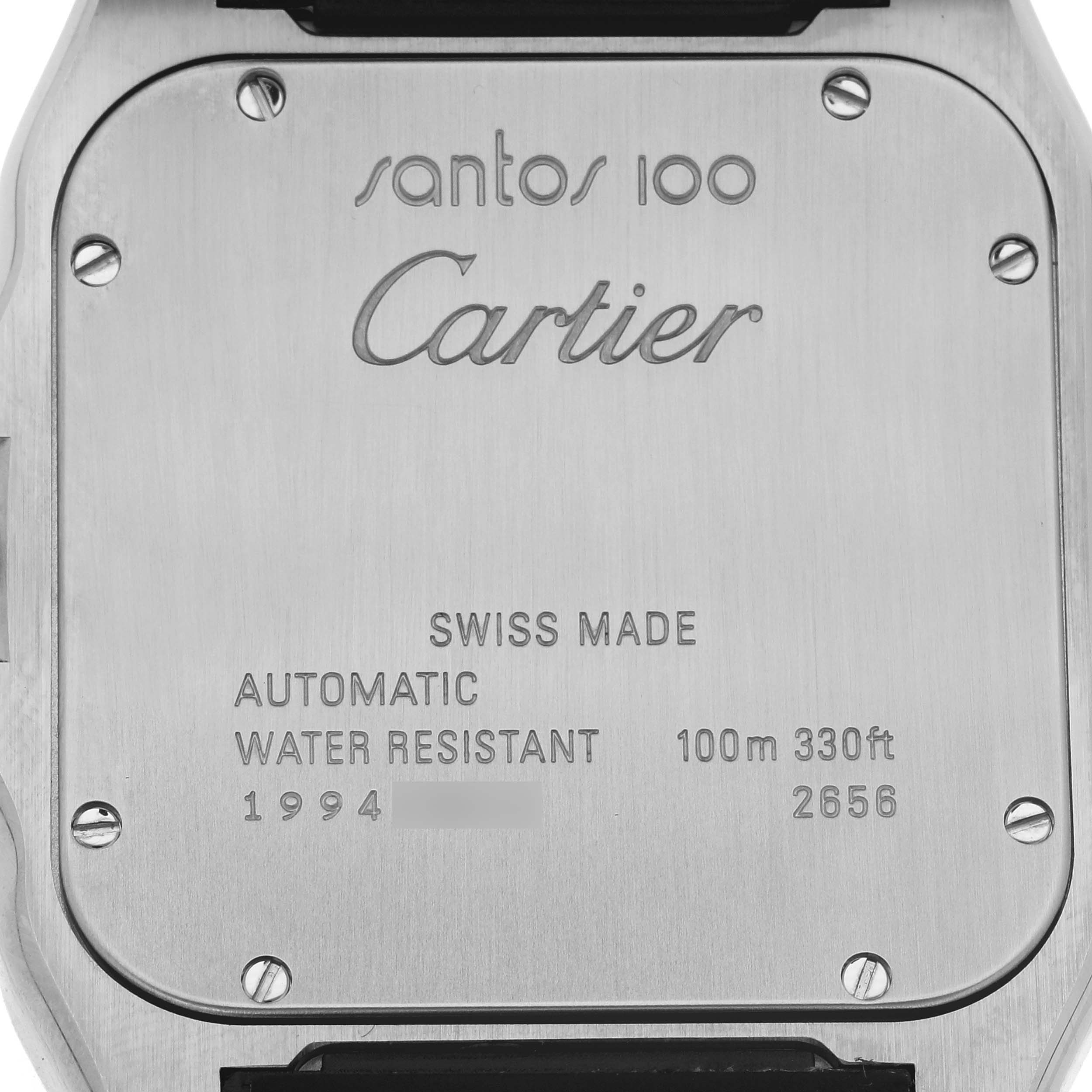 The image shows the back case of the Cartier Santos W20072X7 Men's Steel and Gold (two tone) Silver Dial W20072X7 Men's Steel and Gold (two tone) Silver Dial 100 watch, displaying details like branding and specifications.