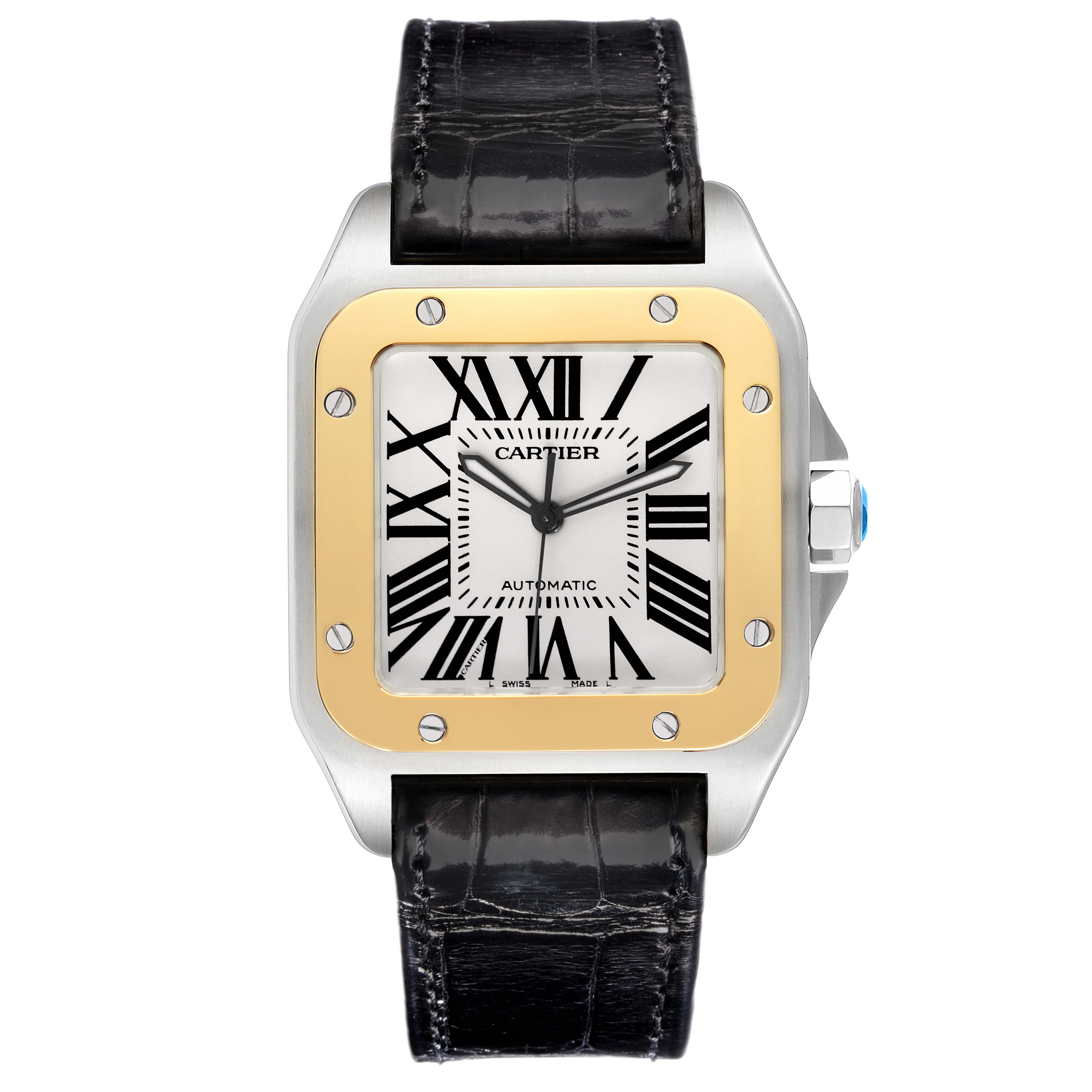 The Cartier Santos W20072X7 Men's Steel and Gold (two tone) Silver Dial W20072X7 Men's Steel and Gold (two tone) Silver Dial watch is shown from the front, displaying its face, bezel, and black leather strap.