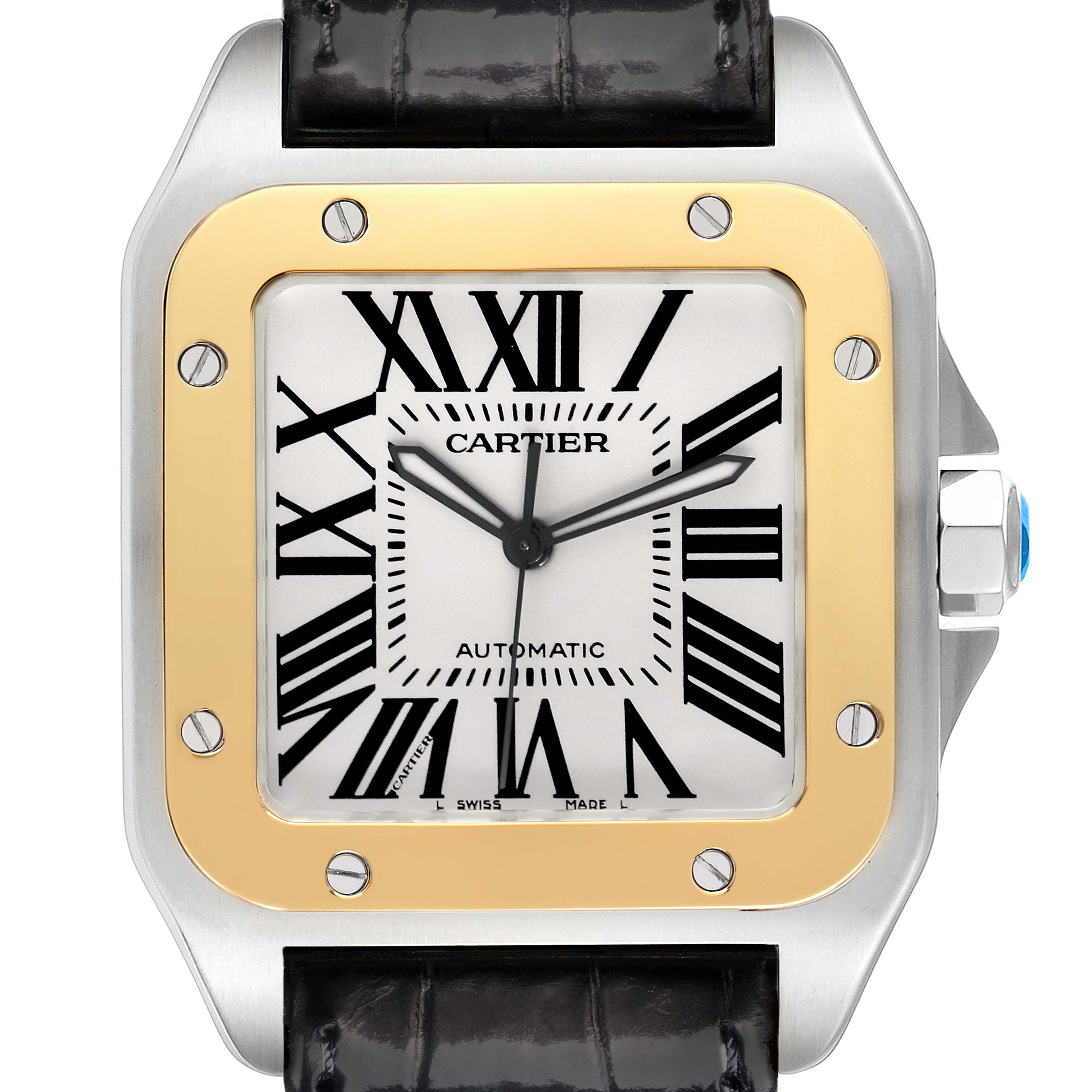 The Cartier Santos W20072X7 Men's Steel and Gold (two tone) Silver Dial W20072X7 Men's Steel and Gold (two tone) Silver Dial watch is shown from the front, highlighting its dial, bezel, and crown.