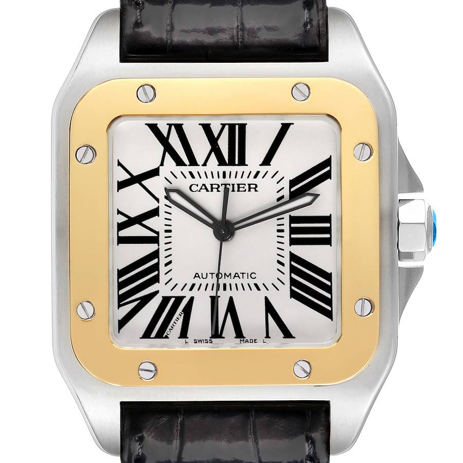 The Cartier Santos watch is shown from the front, highlighting its dial, bezel, and crown.