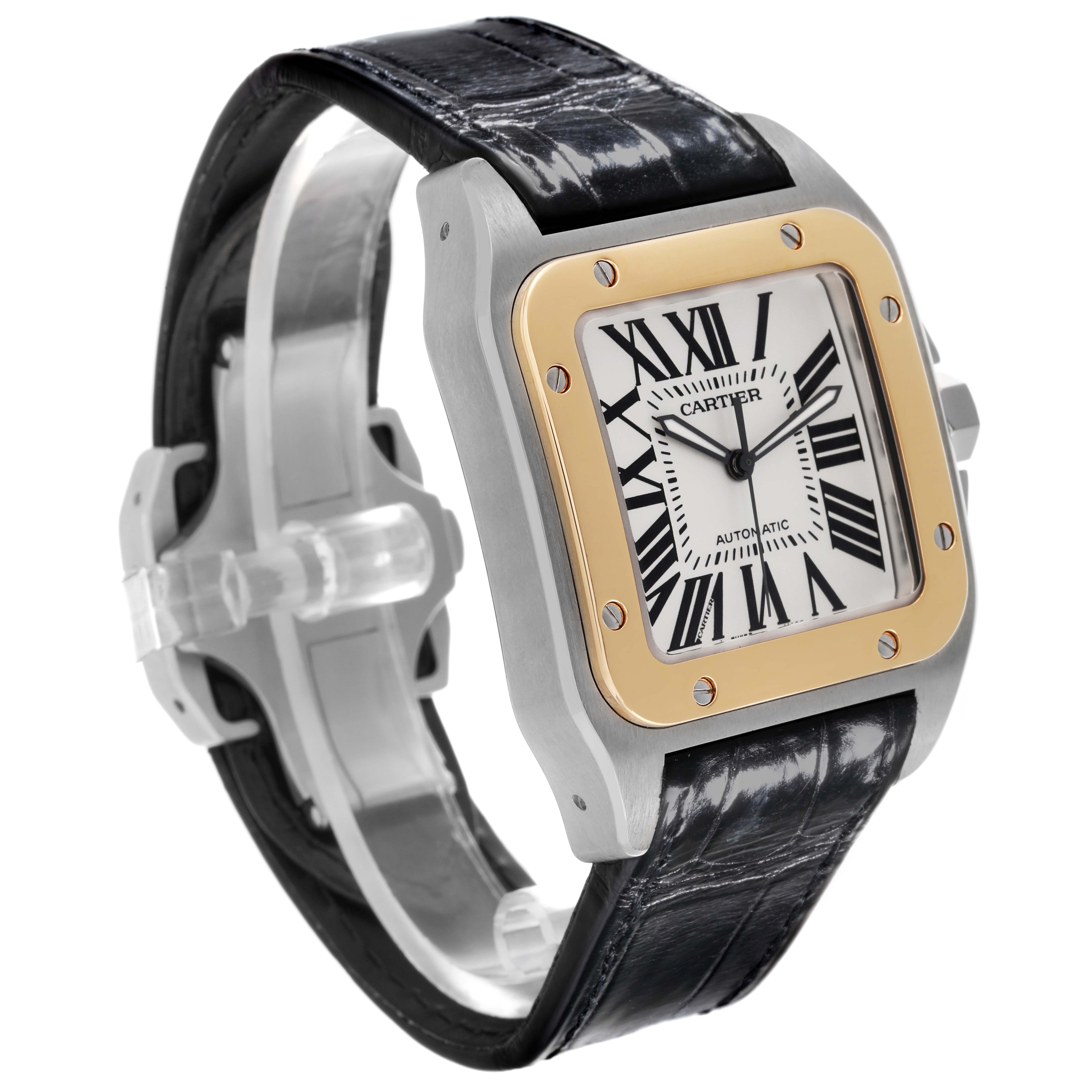 The Cartier Santos W20072X7 Men's Steel and Gold (two tone) Silver Dial W20072X7 Men's Steel and Gold (two tone) Silver Dial watch is shown in a front-side angle, highlighting the bezel, dial, and leather strap.