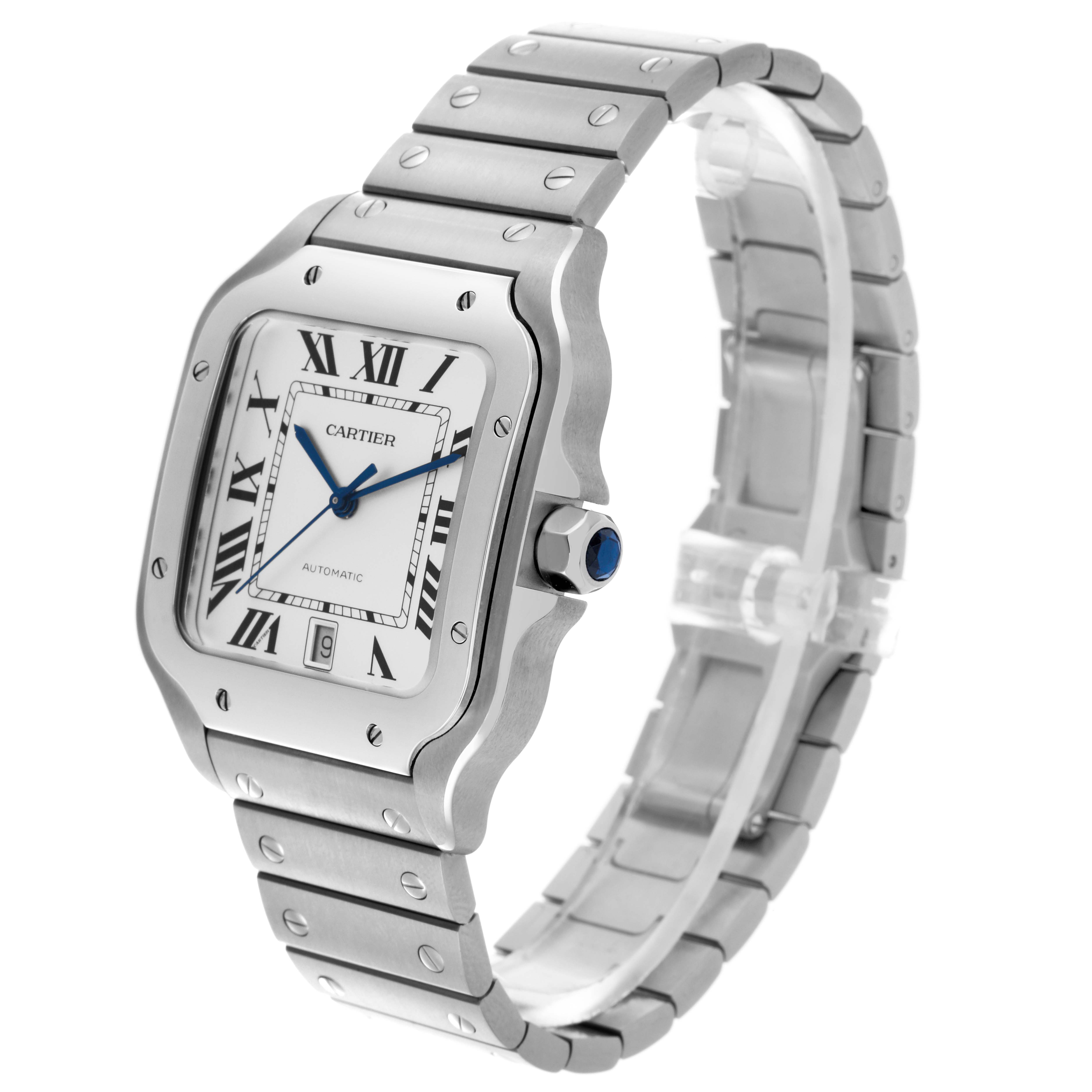The Cartier Santos WSSA0018 Men's Stainless Steel Silver Dial WSSA0018 Men's Stainless Steel Silver Dial watch is shown at a three-quarter angle, highlighting the face, bezel, crown, and metal bracelet.