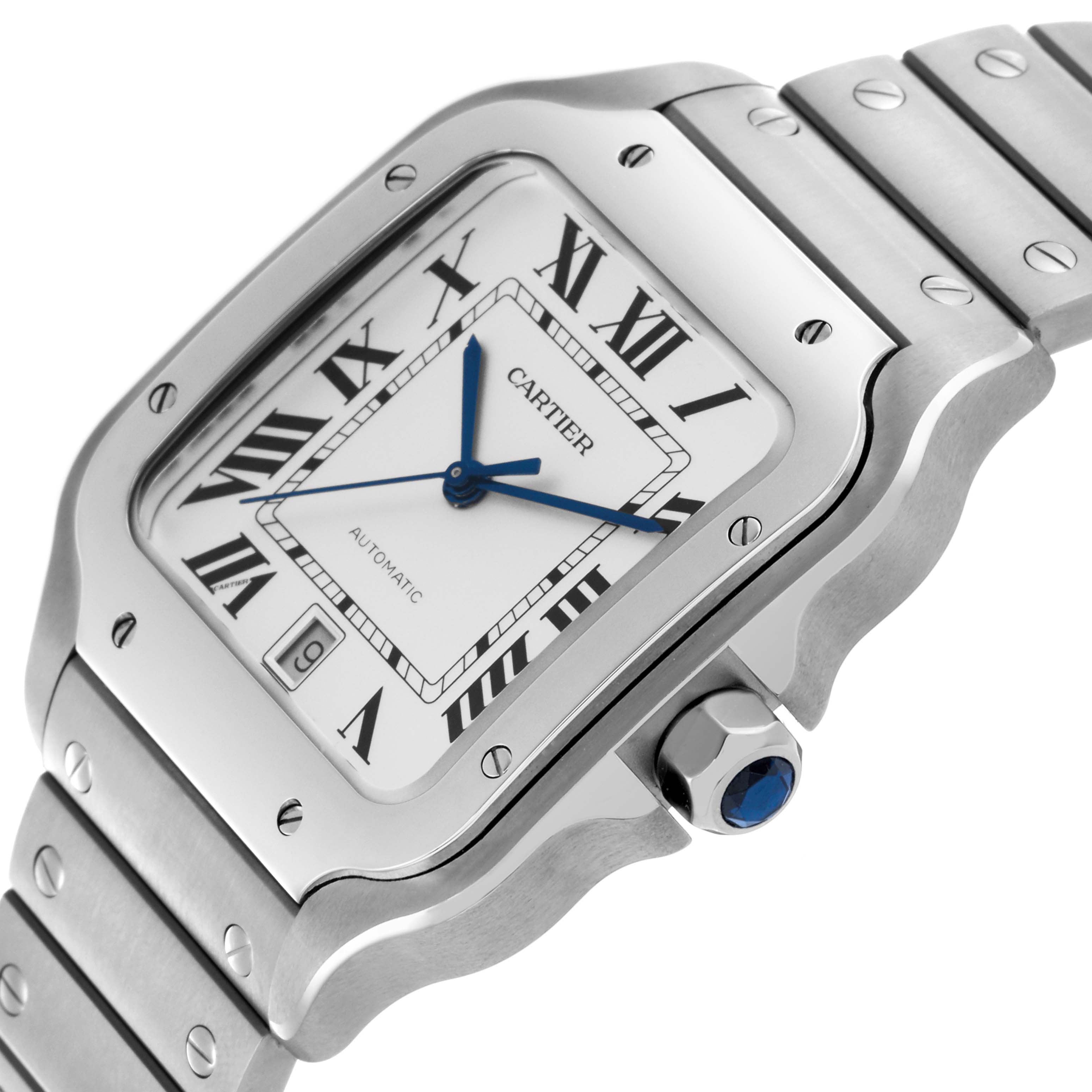 The image shows a close-up of the Cartier Santos WSSA0018 Men's Stainless Steel Silver Dial WSSA0018 Men's Stainless Steel Silver Dial watch, highlighting the face, bezel, crown, and bracelet from a side angle.