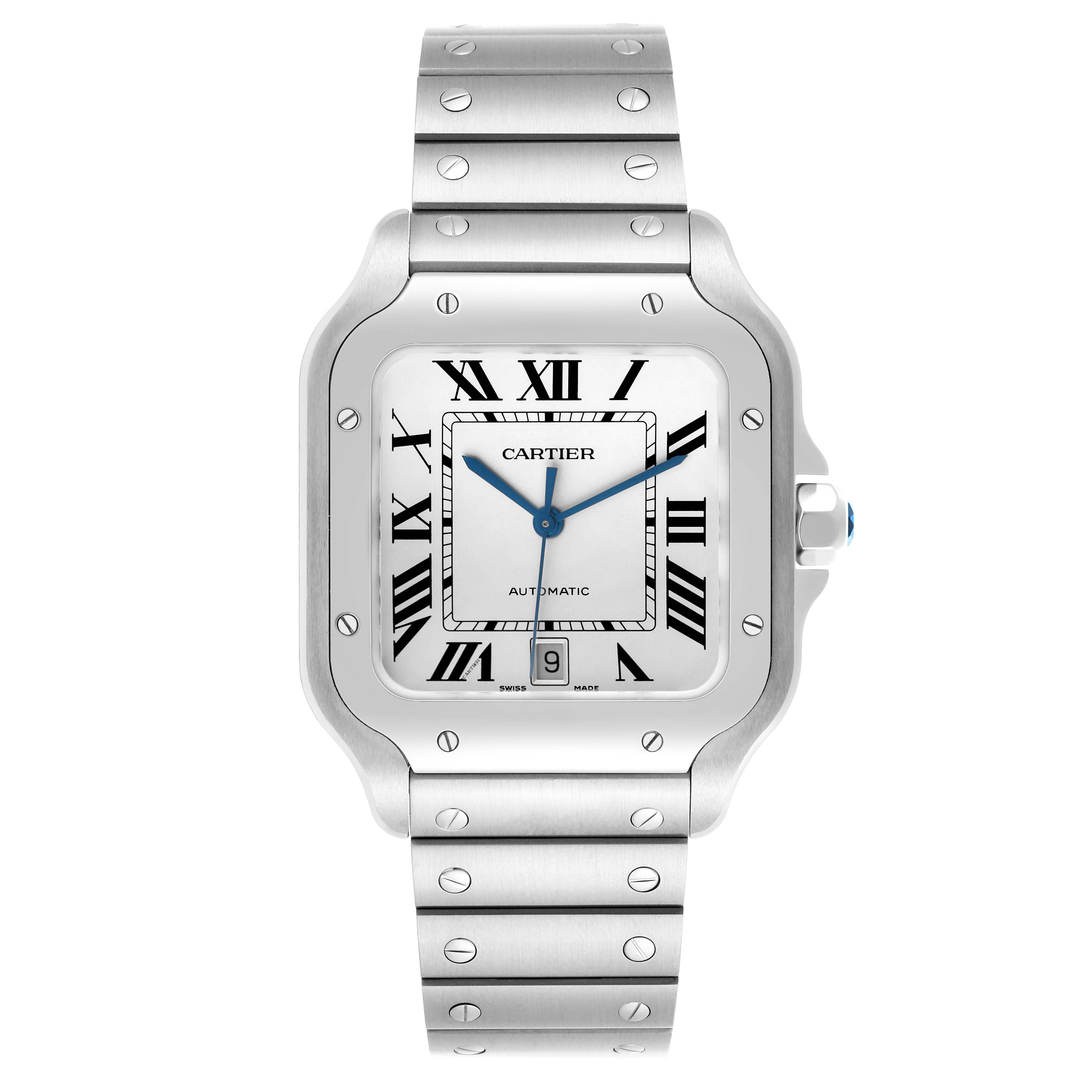 The Cartier Santos WSSA0018 Men's Stainless Steel Silver Dial WSSA0018 Men's Stainless Steel Silver Dial watch is shown front-facing, displaying the dial, bezel, crown, and bracelet.