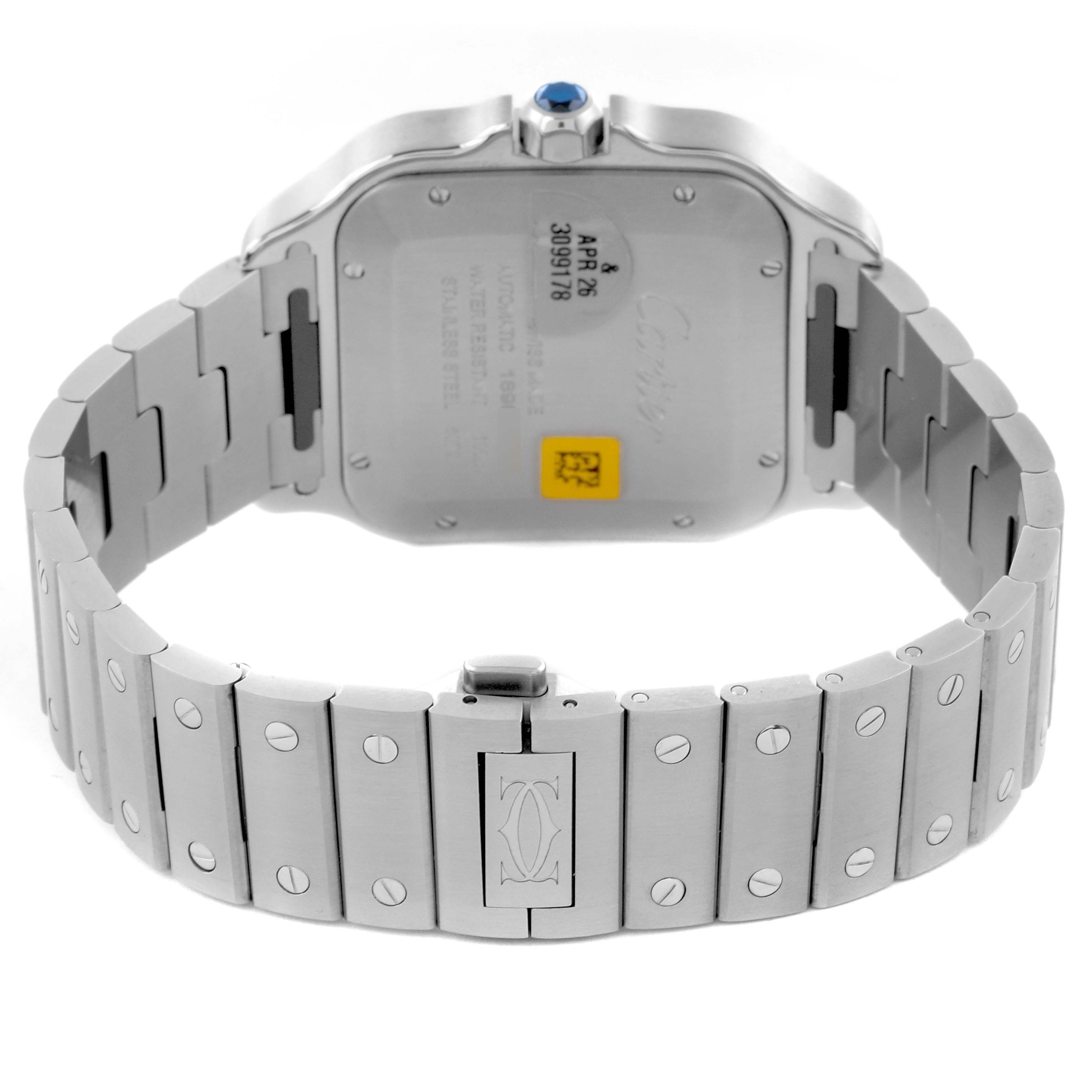 The Cartier Santos WSSA0018 Men's Stainless Steel Silver Dial WSSA0018 Men's Stainless Steel Silver Dial watch is shown from the back, highlighting its caseback and stainless steel bracelet.