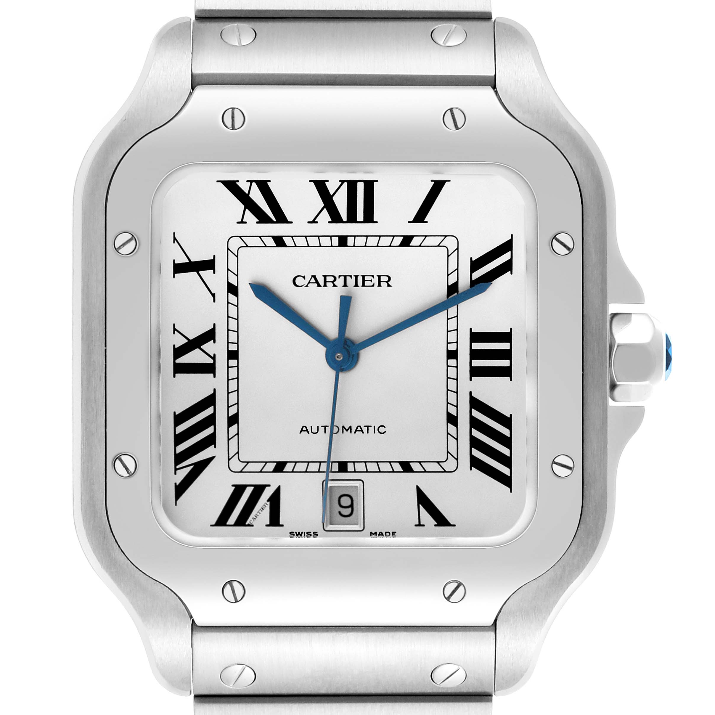 The Cartier Santos WSSA0018 Men's Stainless Steel Silver Dial WSSA0018 Men's Stainless Steel Silver Dial watch is shown from a front angle, highlighting its face, bezel, crown, and part of the bracelet.