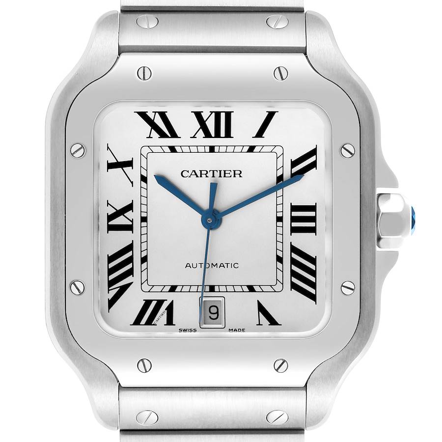 The Cartier Santos watch is shown from a front angle, highlighting its face, bezel, crown, and part of the bracelet.