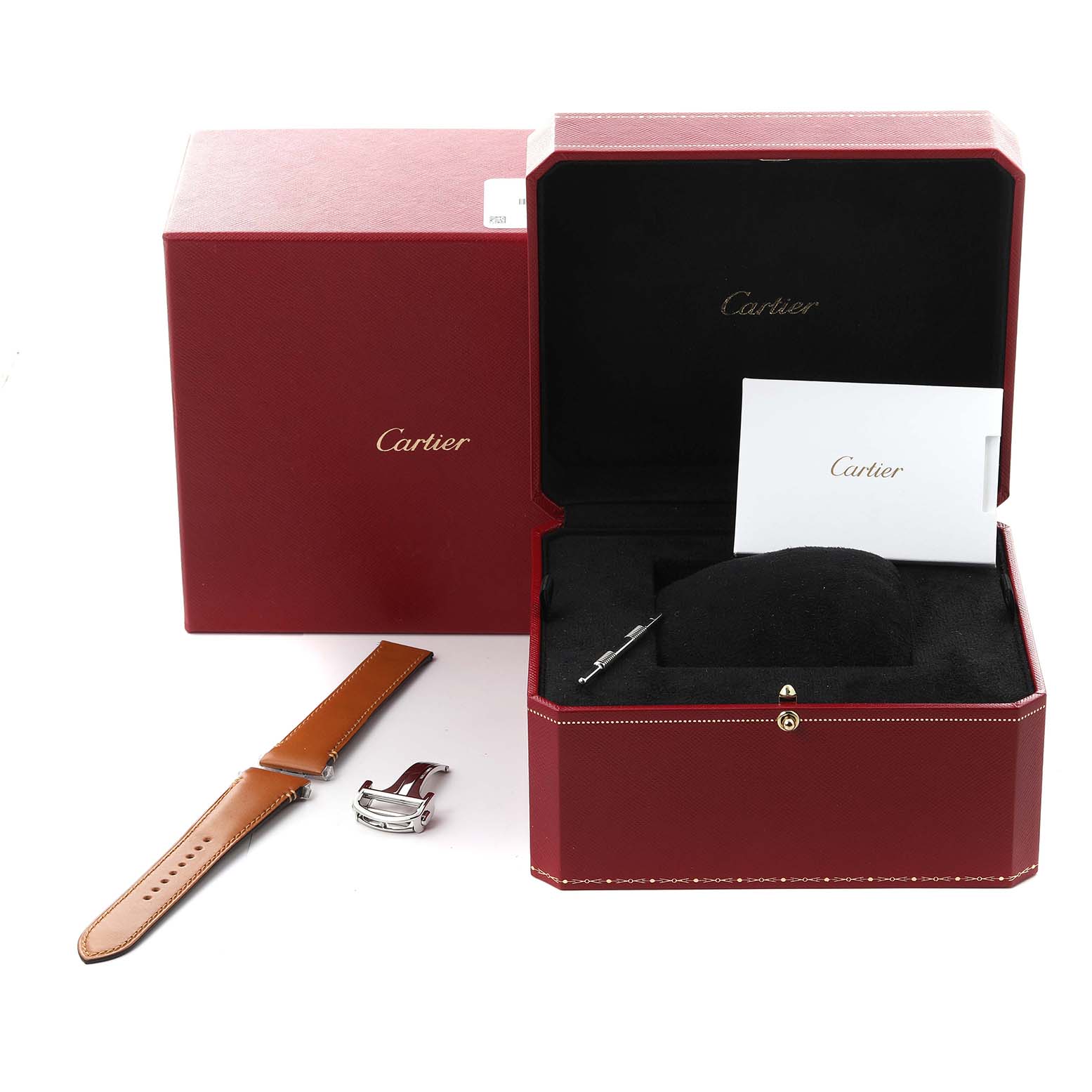 The image shows a Cartier Santos WSSA0018 Men's Stainless Steel Silver Dial WSSA0018 Men's Stainless Steel Silver Dial watch case, strap, and buckle at a slight angle with packaging.