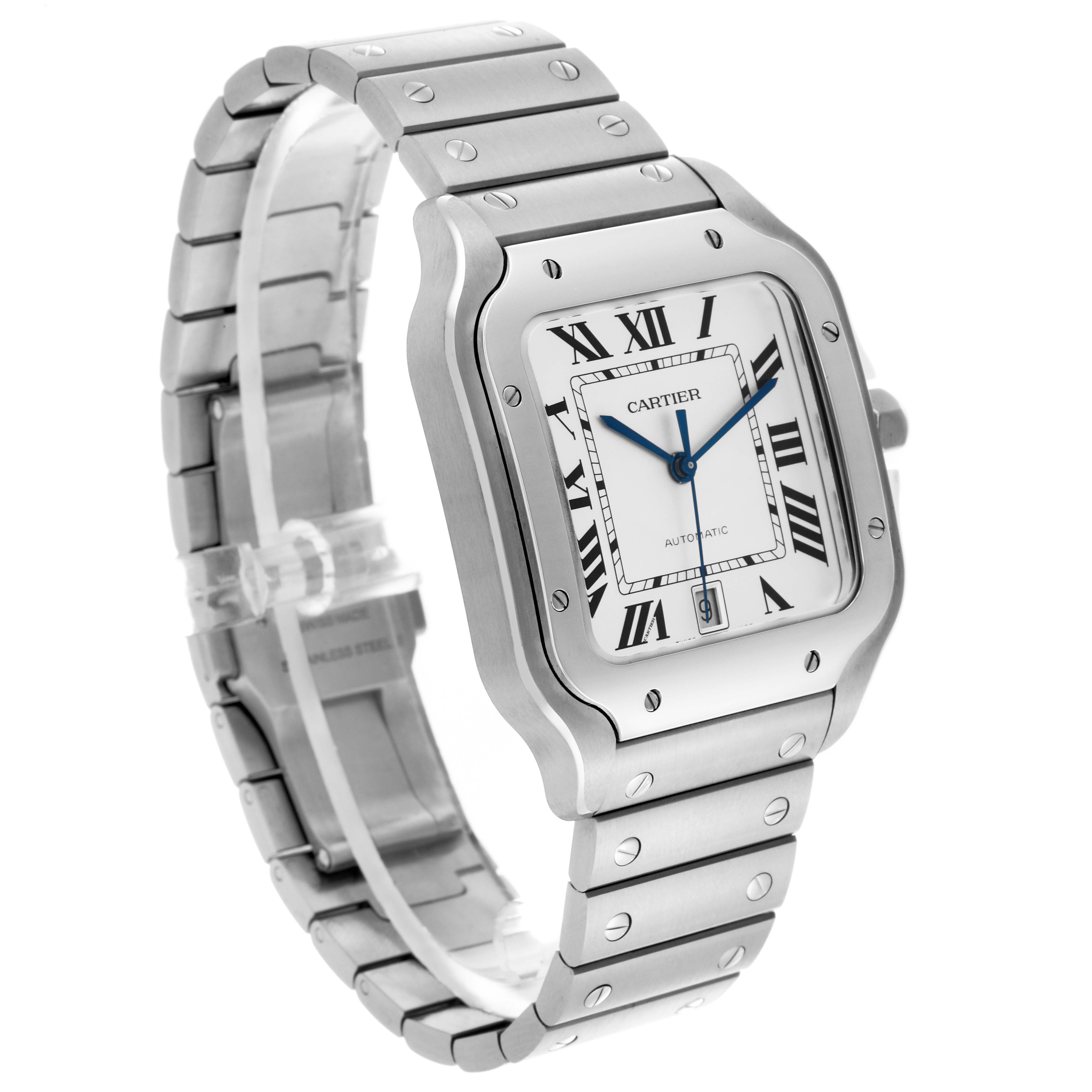 The Cartier Santos WSSA0018 Men's Stainless Steel Silver Dial WSSA0018 Men's Stainless Steel Silver Dial watch is shown at a three-quarter angle, highlighting the face, bezel, and bracelet.