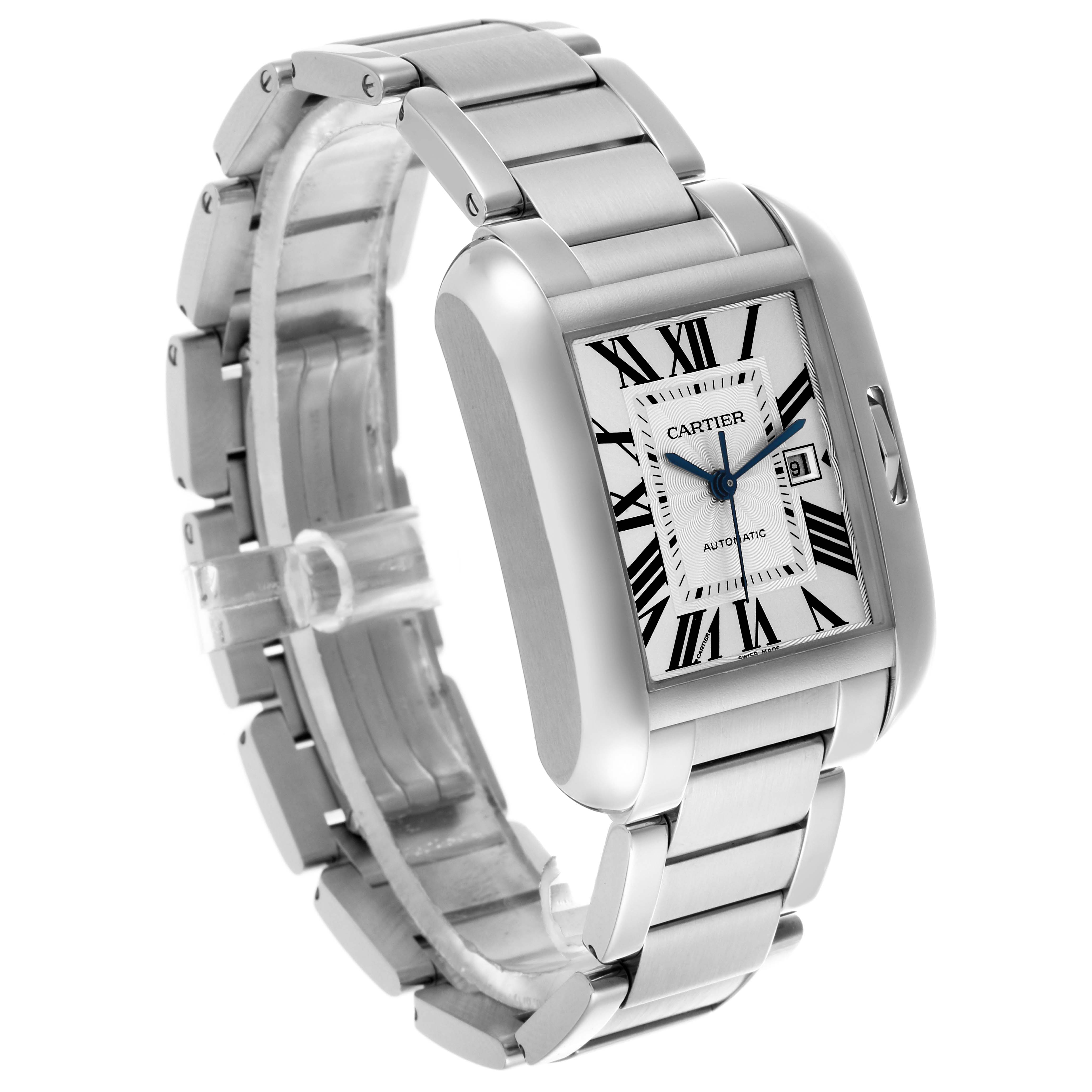 The Cartier Tank Anglaise W5310009 Men's Stainless Steel Silver Dial W5310009 Men's Stainless Steel Silver Dial watch is shown at a three-quarter angle, highlighting the face, bracelet, and crown.