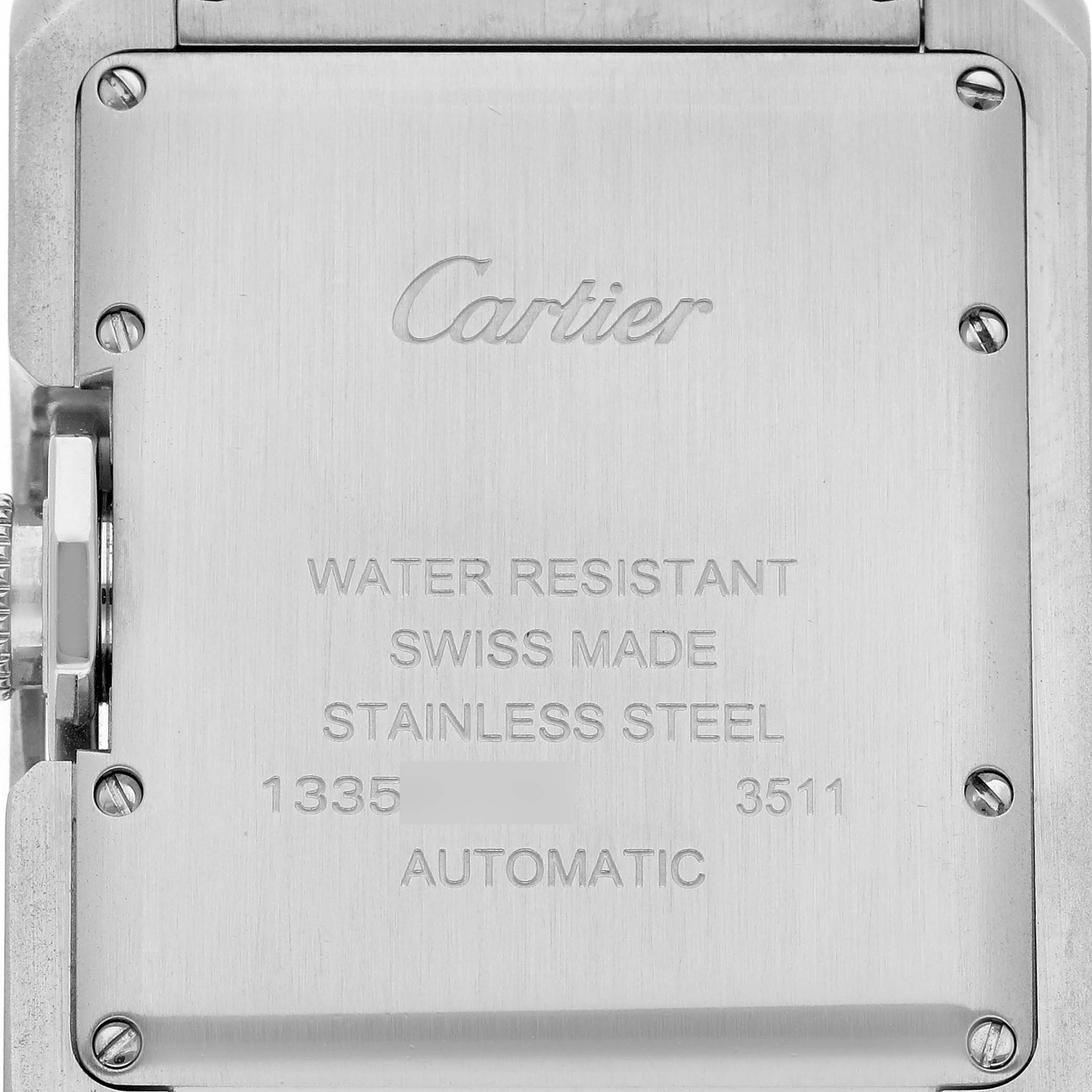 The image shows the back casing of the Cartier Tank Anglaise W5310009 Men's Stainless Steel Silver Dial W5310009 Men's Stainless Steel Silver Dial watch, highlighting the brand, model, and material details.