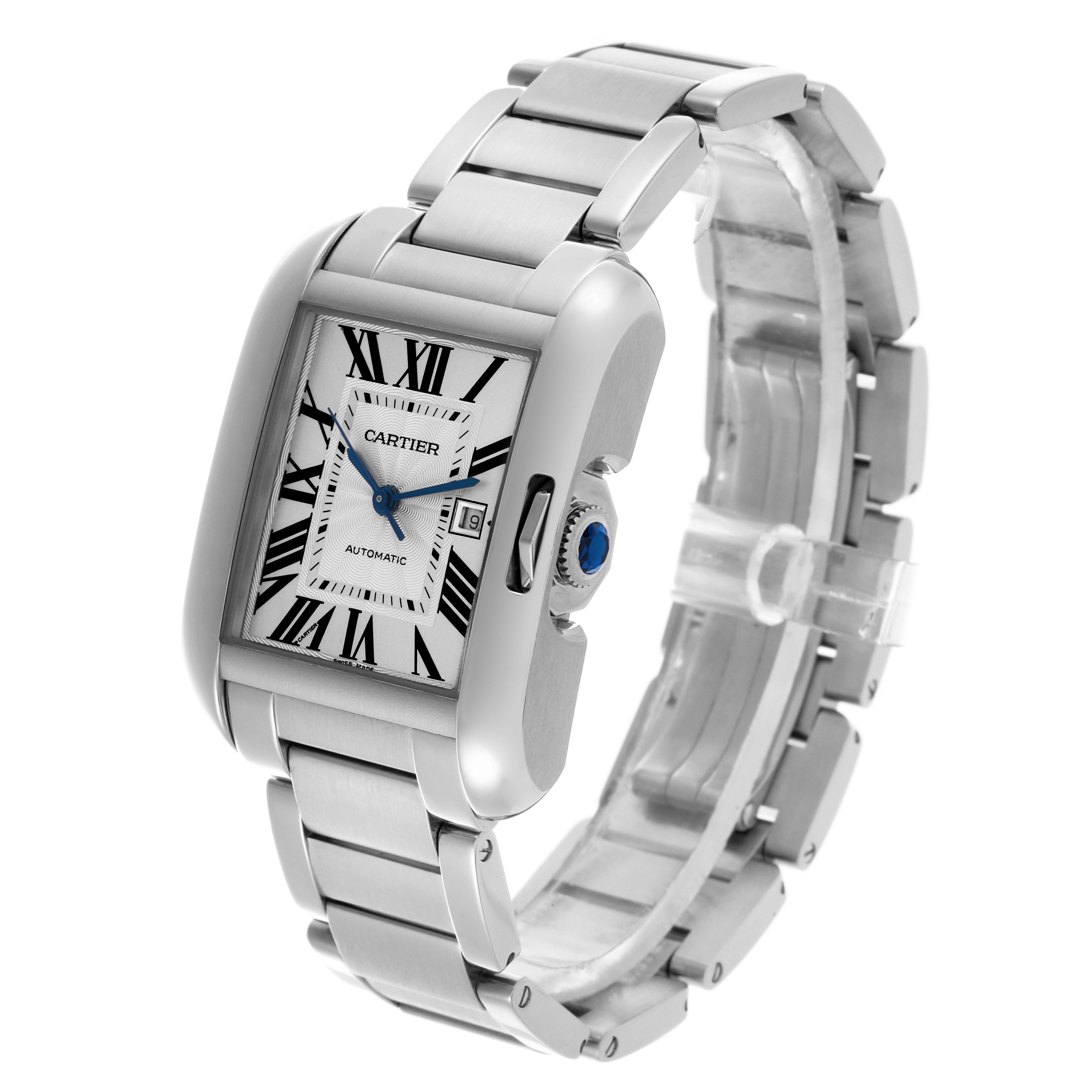 The Cartier Tank Anglaise W5310009 Men's Stainless Steel Silver Dial W5310009 Men's Stainless Steel Silver Dial watch is shown at a three-quarter angle, displaying the face, bracelet, and side crown.