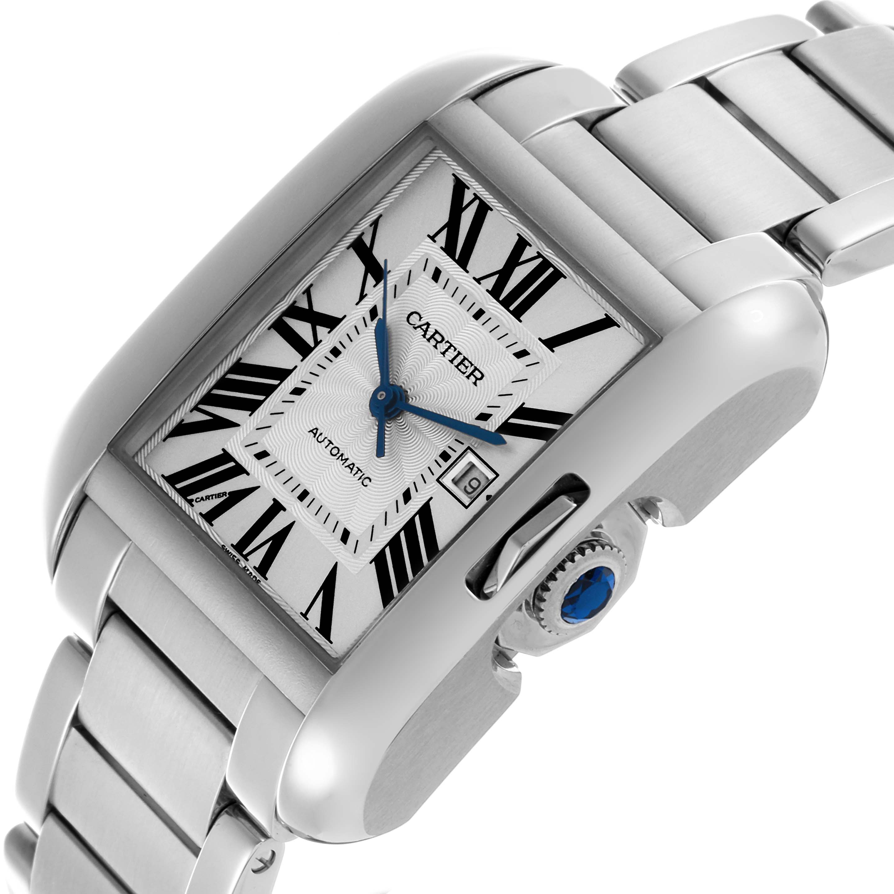The Cartier Tank Anglaise W5310009 Men's Stainless Steel Silver Dial W5310009 Men's Stainless Steel Silver Dial watch is shown at an angled view, highlighting the face, crown, and part of the bracelet.