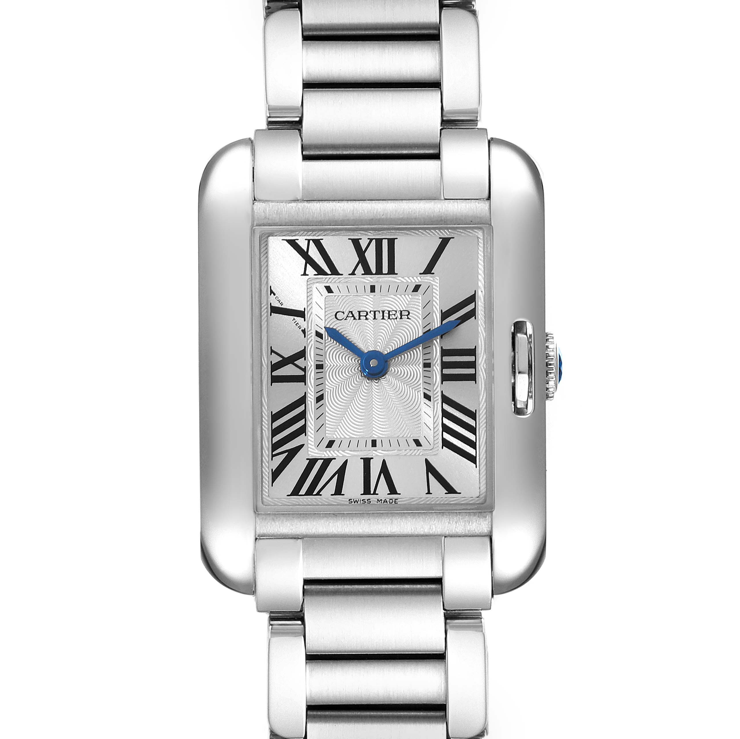 This is a frontal view of the Cartier Tank Anglaise W5310022 Women's Stainless Steel Silver Dial W5310022 Women's Stainless Steel Silver Dial watch showing the face, Roman numerals, hands, and part of the bracelet.