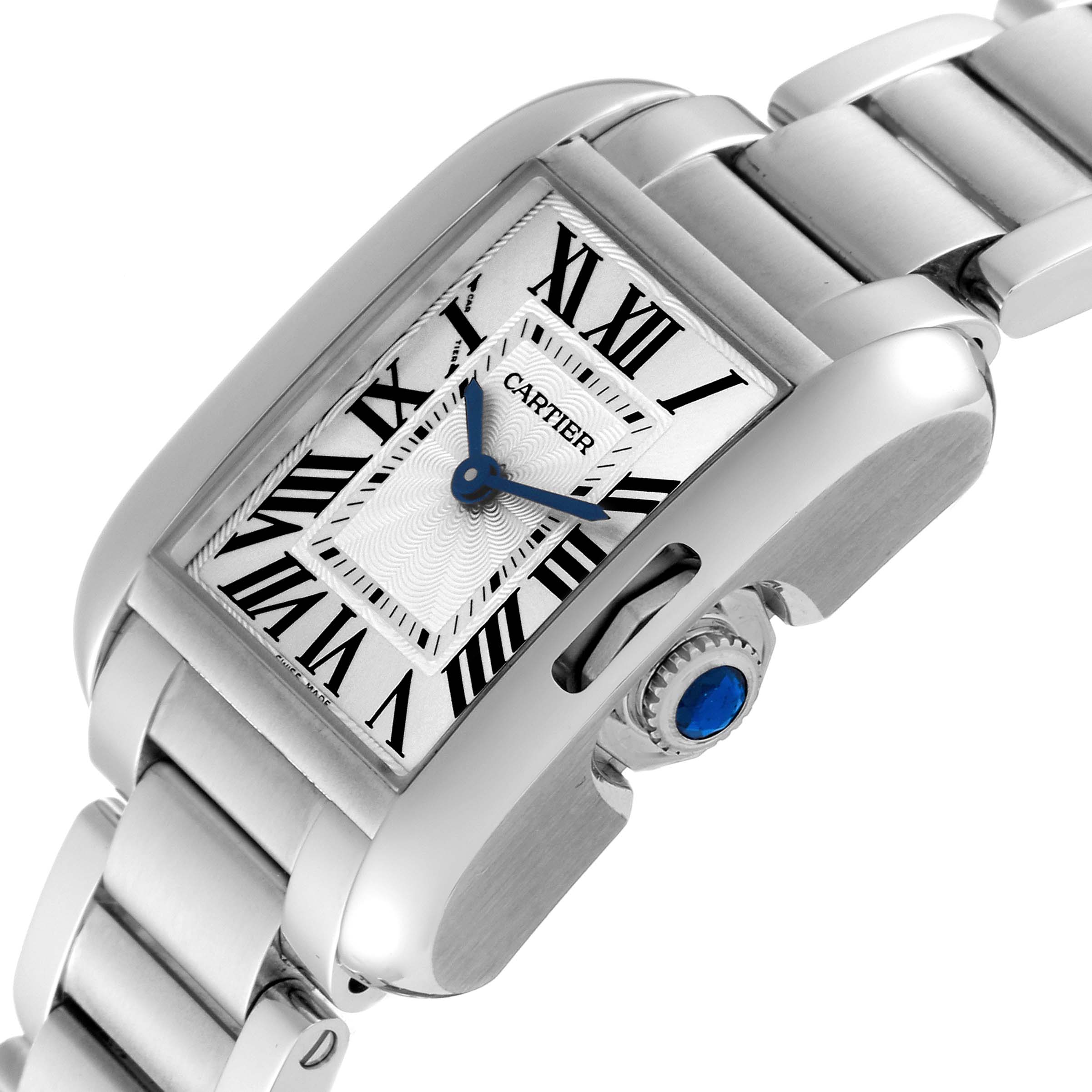 The image shows a close-up, angled view of the Cartier Tank Anglaise W5310022 Women's Stainless Steel Silver Dial W5310022 Women's Stainless Steel Silver Dial watch featuring its face, crown, and bracelet.