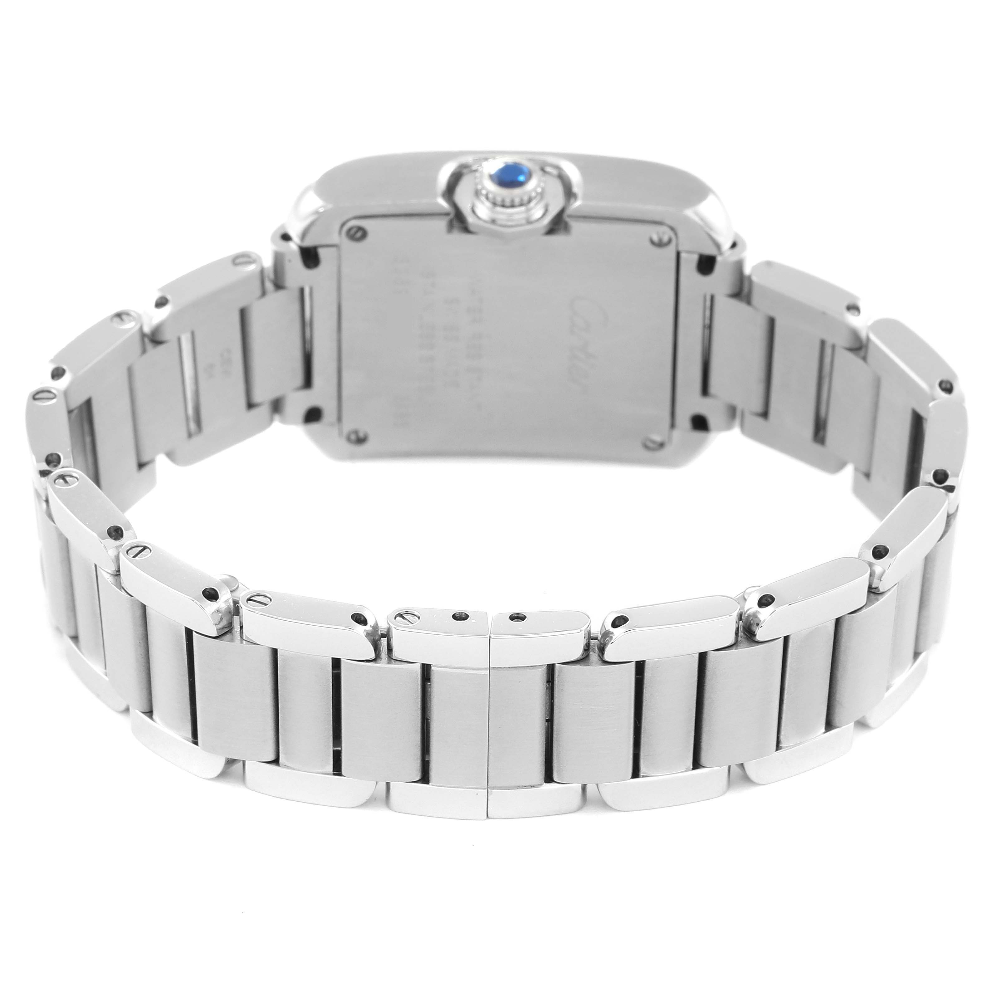 The image shows the back view of a Cartier Tank Anglaise W5310022 Women's Stainless Steel Silver Dial W5310022 Women's Stainless Steel Silver Dial watch, highlighting its metal bracelet and case back.