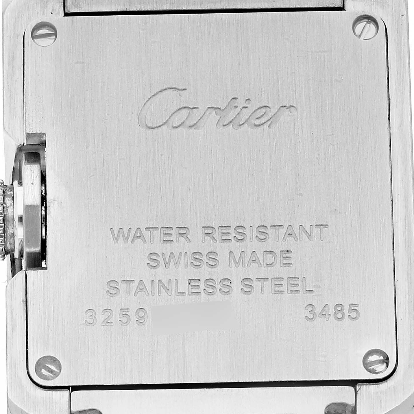 The image shows the back casing of a Cartier Tank Anglaise W5310022 Women's Stainless Steel Silver Dial W5310022 Women's Stainless Steel Silver Dial watch, highlighting its water-resistant feature and Swiss-made stainless steel.