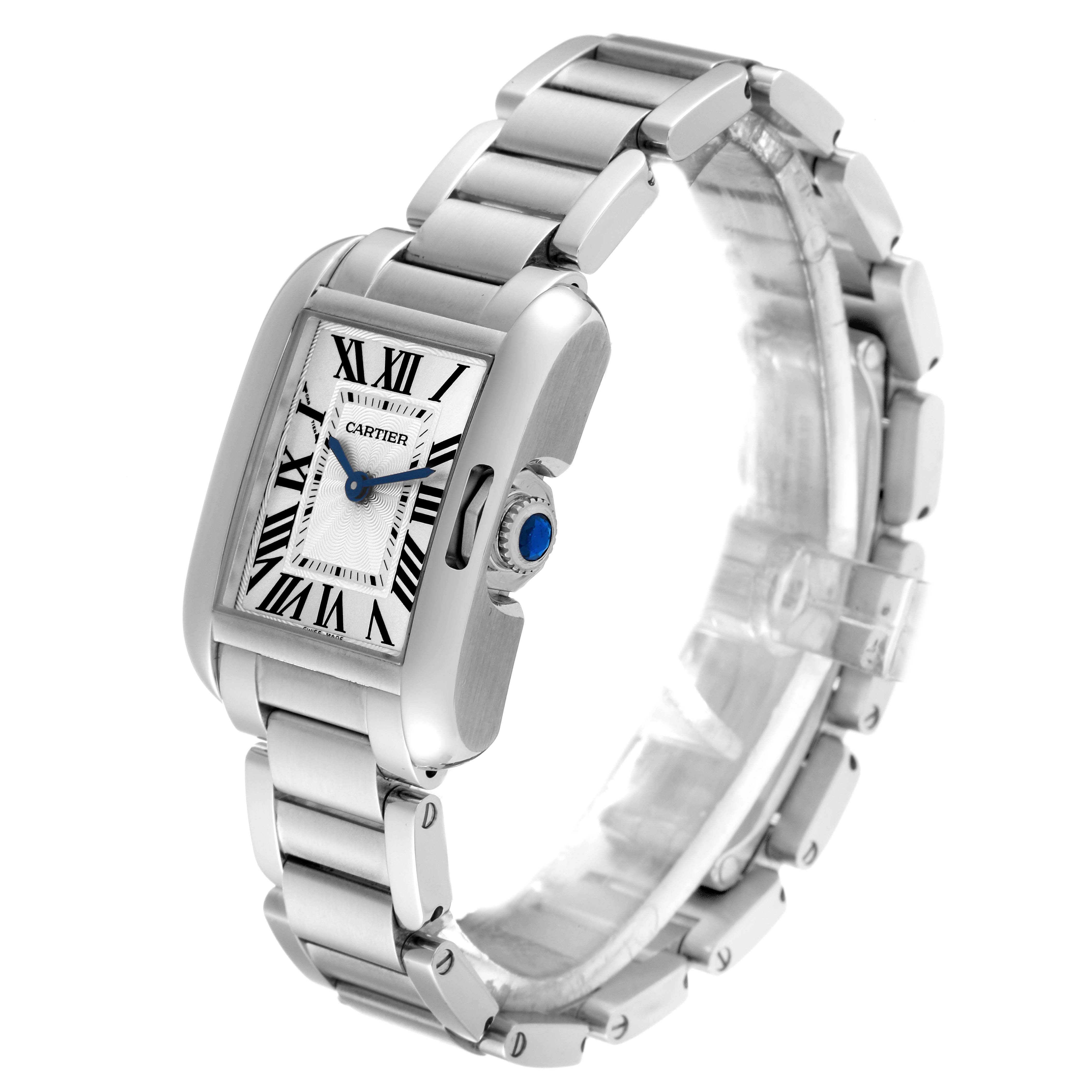 The image shows a Cartier Tank Anglaise W5310022 Women's Stainless Steel Silver Dial W5310022 Women's Stainless Steel Silver Dial watch from an angled front view, highlighting its Roman numeral dial, crown, and metal bracelet.