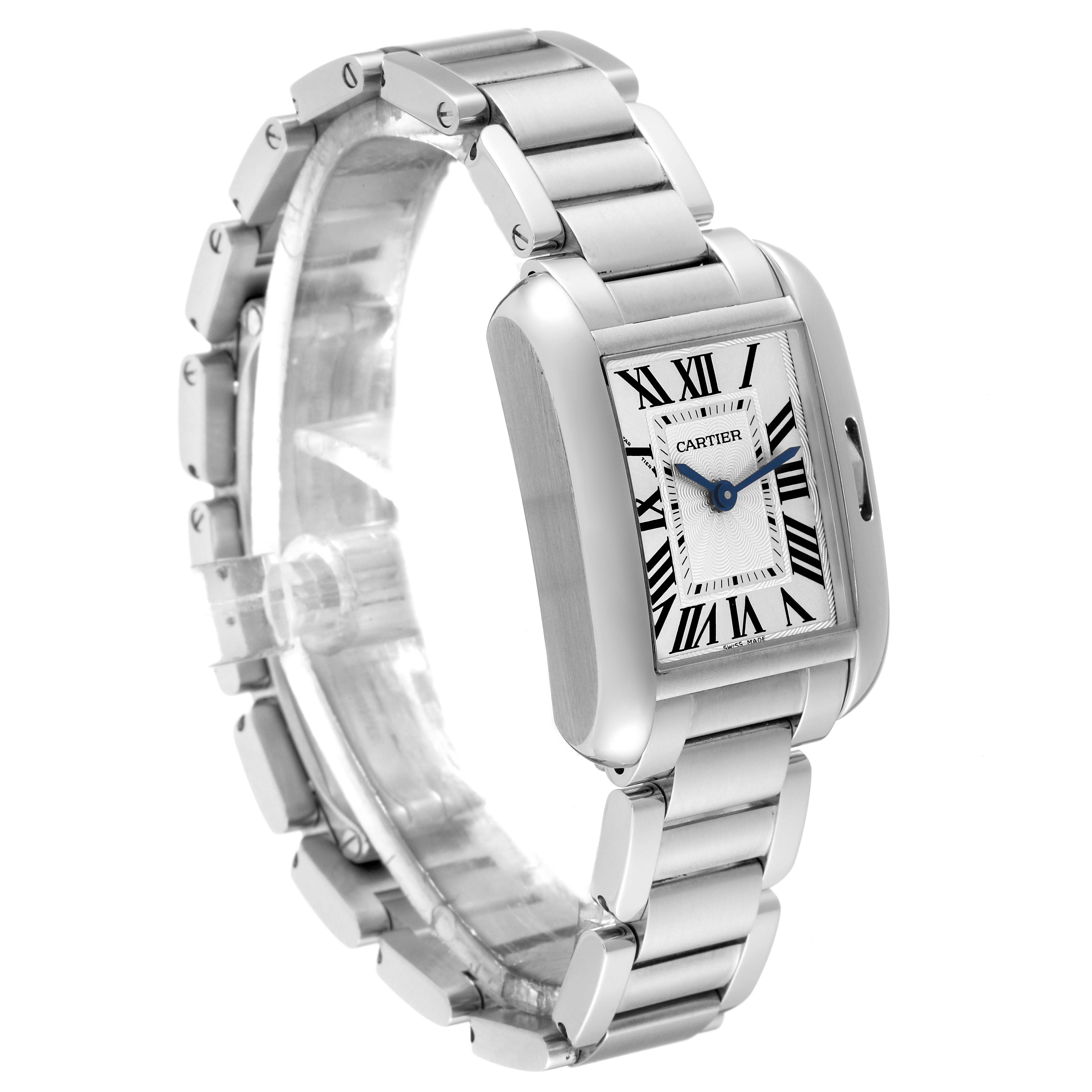 The Cartier Tank Anglaise W5310022 Women's Stainless Steel Silver Dial W5310022 Women's Stainless Steel Silver Dial watch is shown at a three-quarter angle, displaying its rectangular dial and metal bracelet.
