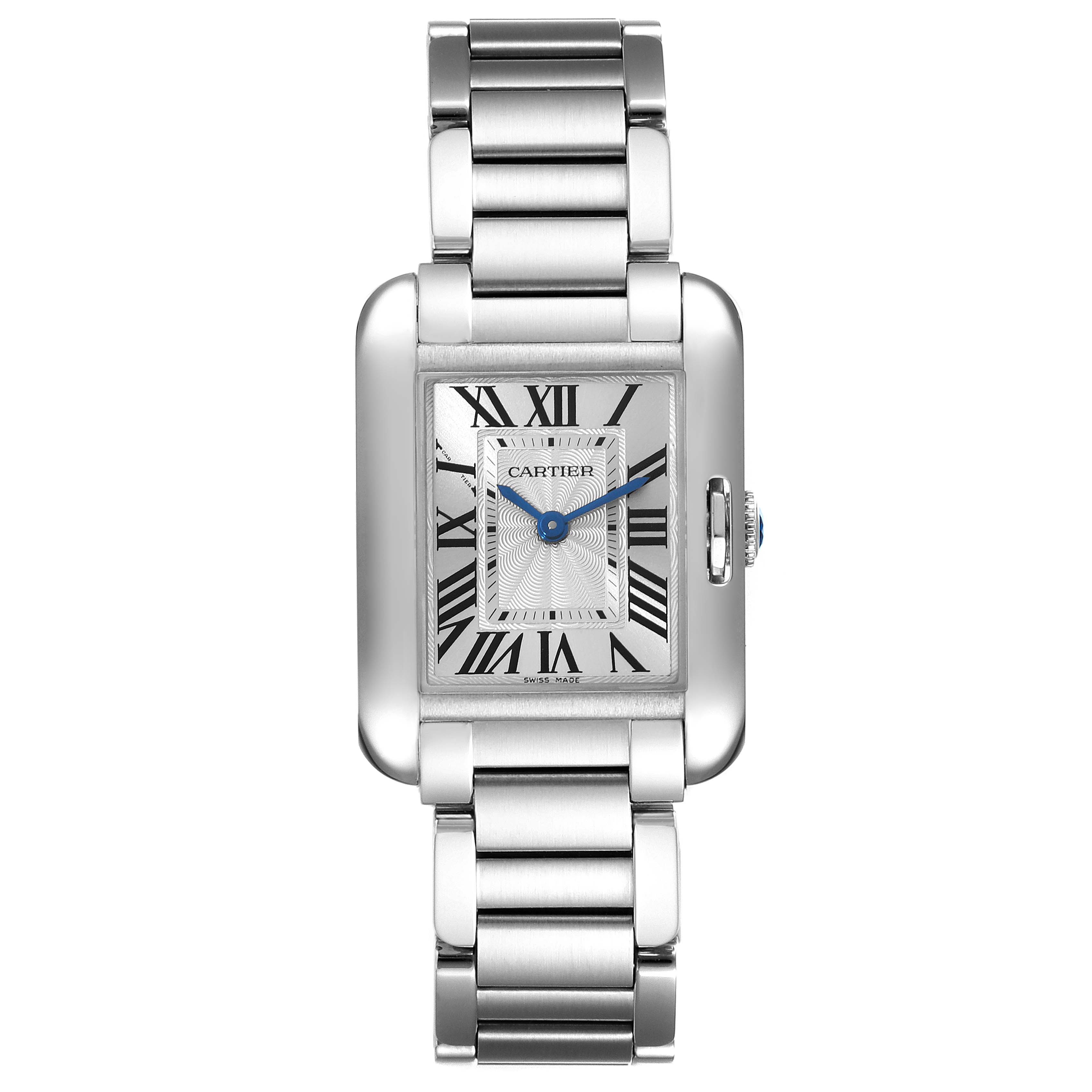 The image shows a front view of the Cartier Tank Anglaise W5310022 Women's Stainless Steel Silver Dial W5310022 Women's Stainless Steel Silver Dial watch, displaying its rectangular face, Roman numerals, and metal bracelet.