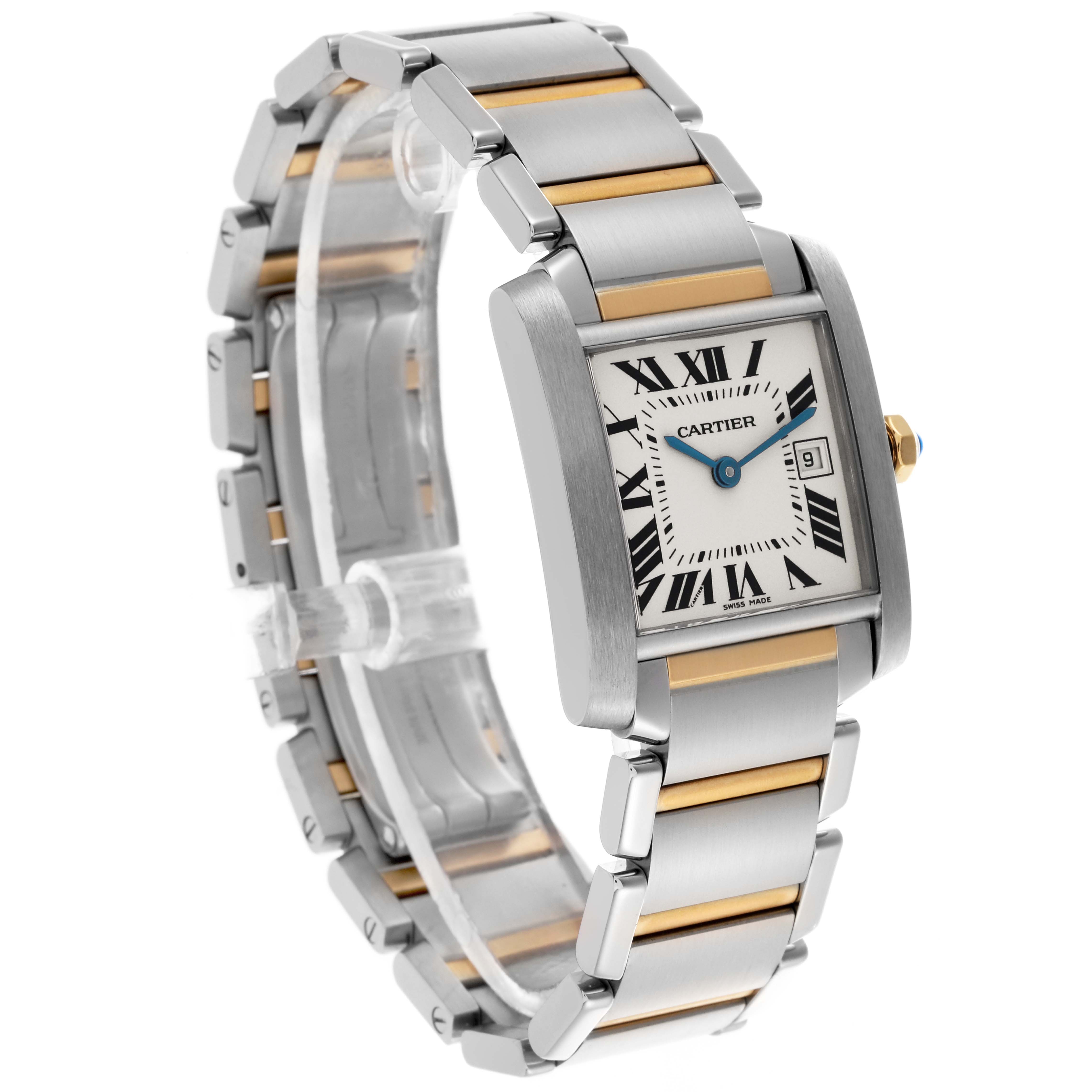 The Cartier Tank Française watch is shown at a three-quarter angle, highlighting its face, bracelet, and side profile.