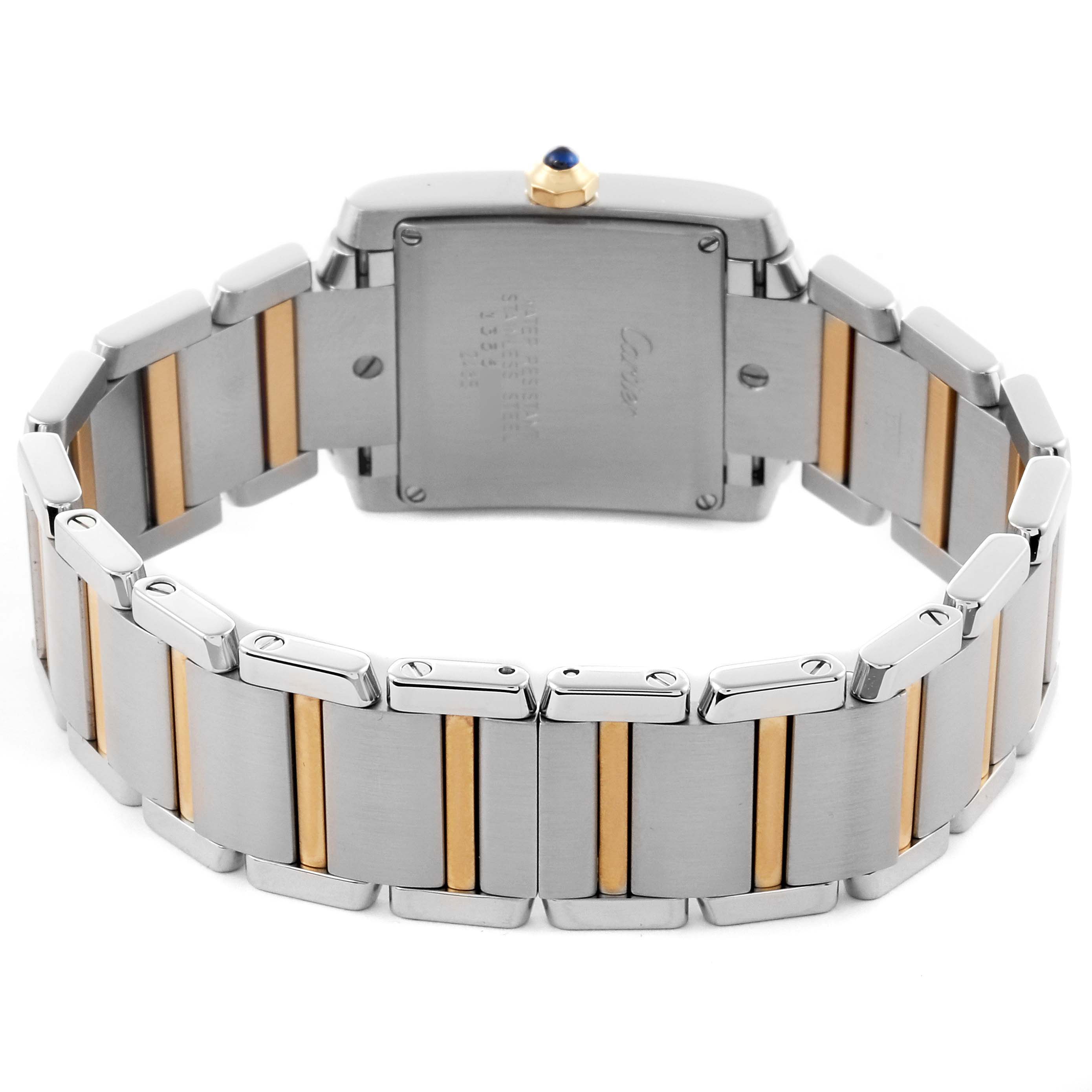 The image shows the back side of a Cartier Tank Francaise W51012Q4 Women's Steel and Gold (two tone) Silver Dial W51012Q4 Women's Steel and Gold (two tone) Silver Dial watch, highlighting its metal bracelet and clasp.