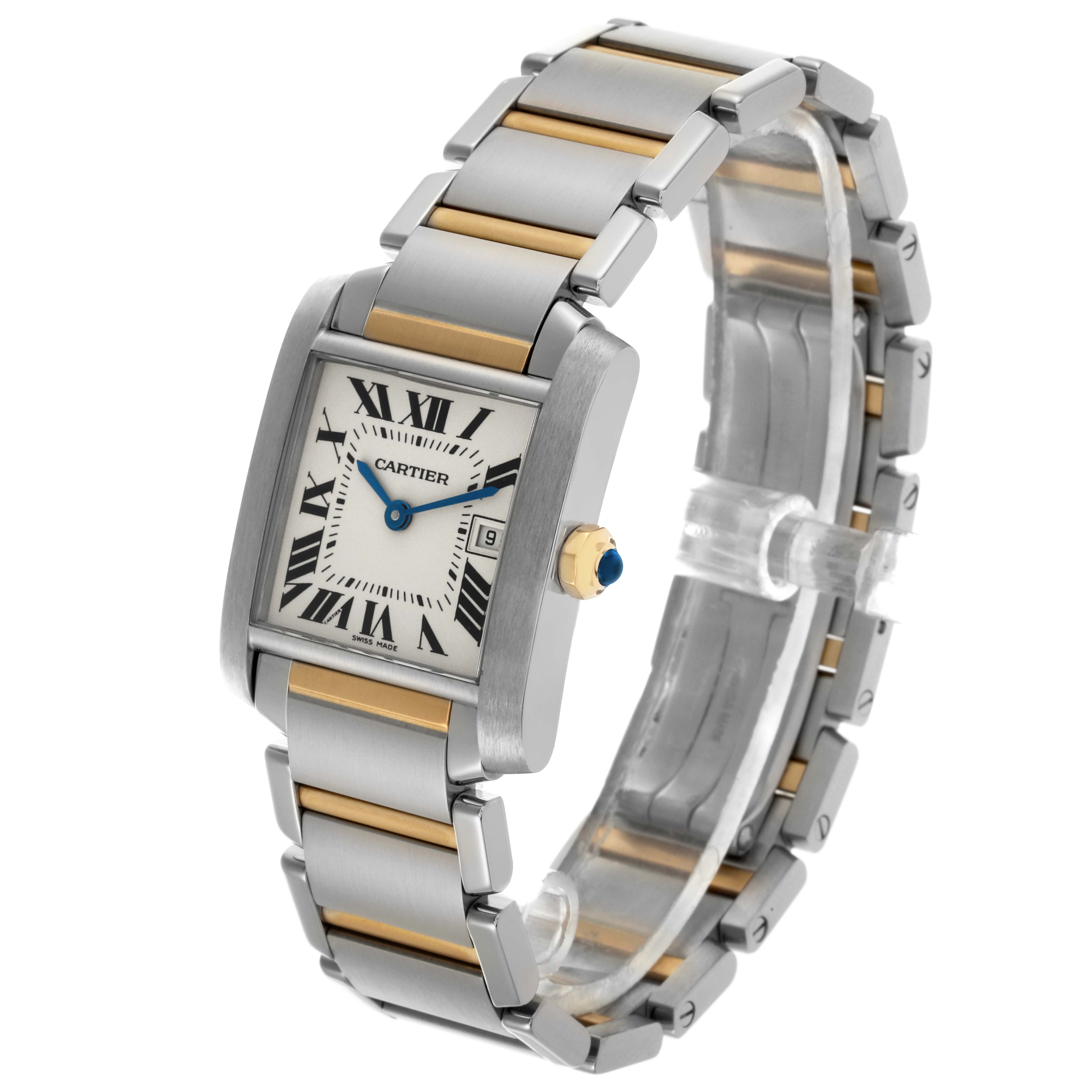 The Cartier Tank Française watch is shown from a three-quarter angle, highlighting the face, bracelet, and crown.