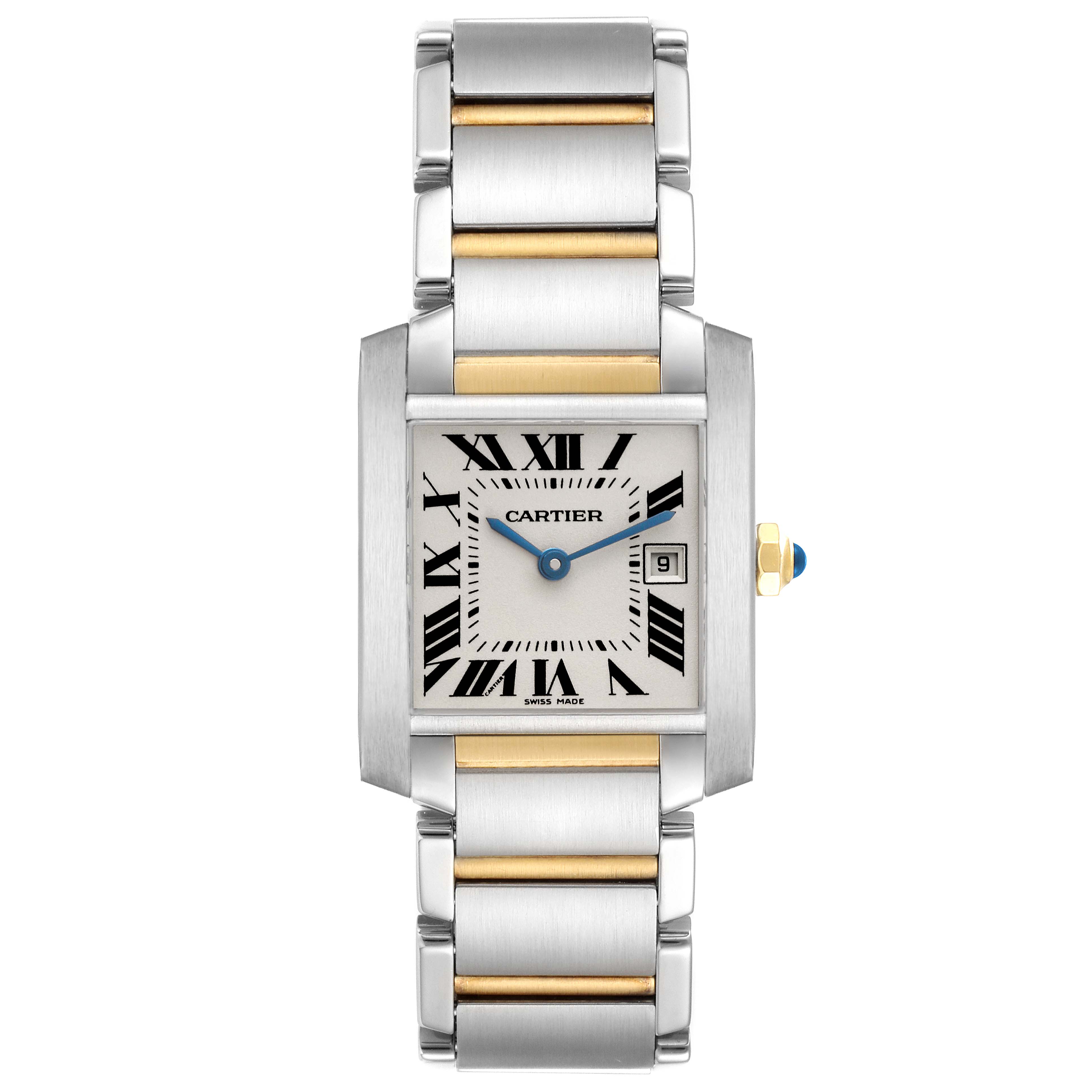 The Cartier Tank Francaise W51012Q4 Women's Steel and Gold (two tone) Silver Dial W51012Q4 Women's Steel and Gold (two tone) Silver Dial watch is shown from the front, displaying its face, bracelet, and crown detail.