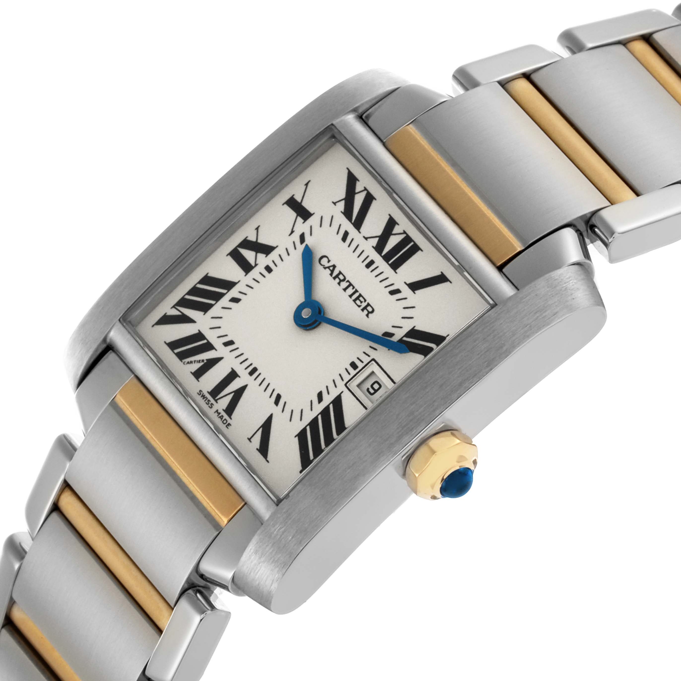 The Cartier Tank Francaise W51012Q4 Women's Steel and Gold (two tone) Silver Dial W51012Q4 Women's Steel and Gold (two tone) Silver Dial is shown at an angled view highlighting its face, crown, and part of the two-tone bracelet.
