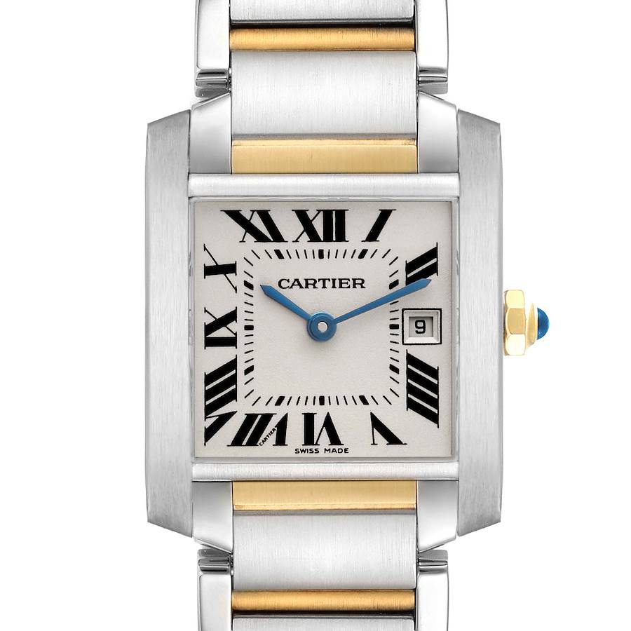 The Cartier Tank Française watch is shown from the front, displaying the face, bezel, and part of the bracelet.