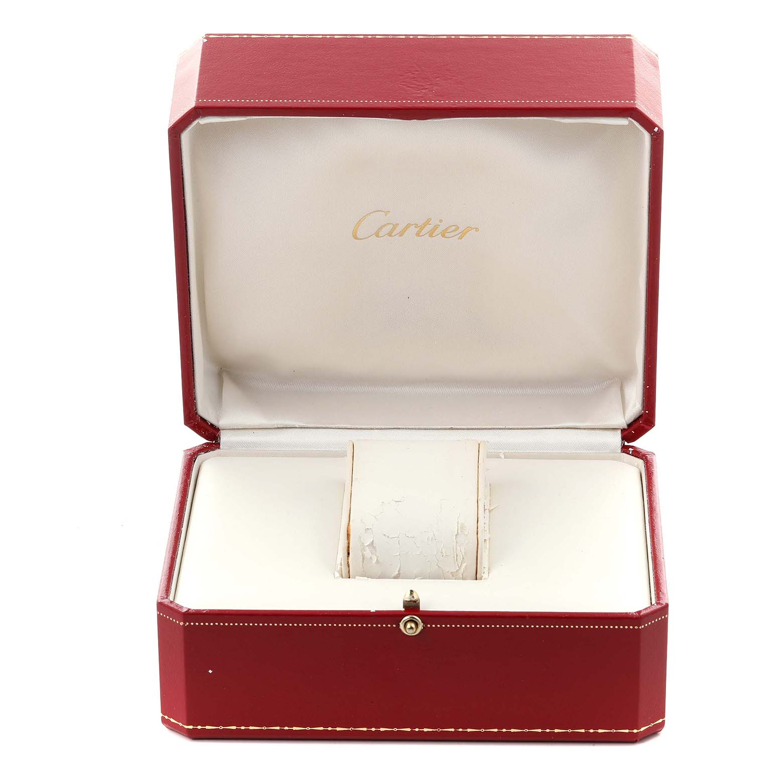 The image shows a Cartier Tank Française watch box, open, displaying the interior padding without the watch.