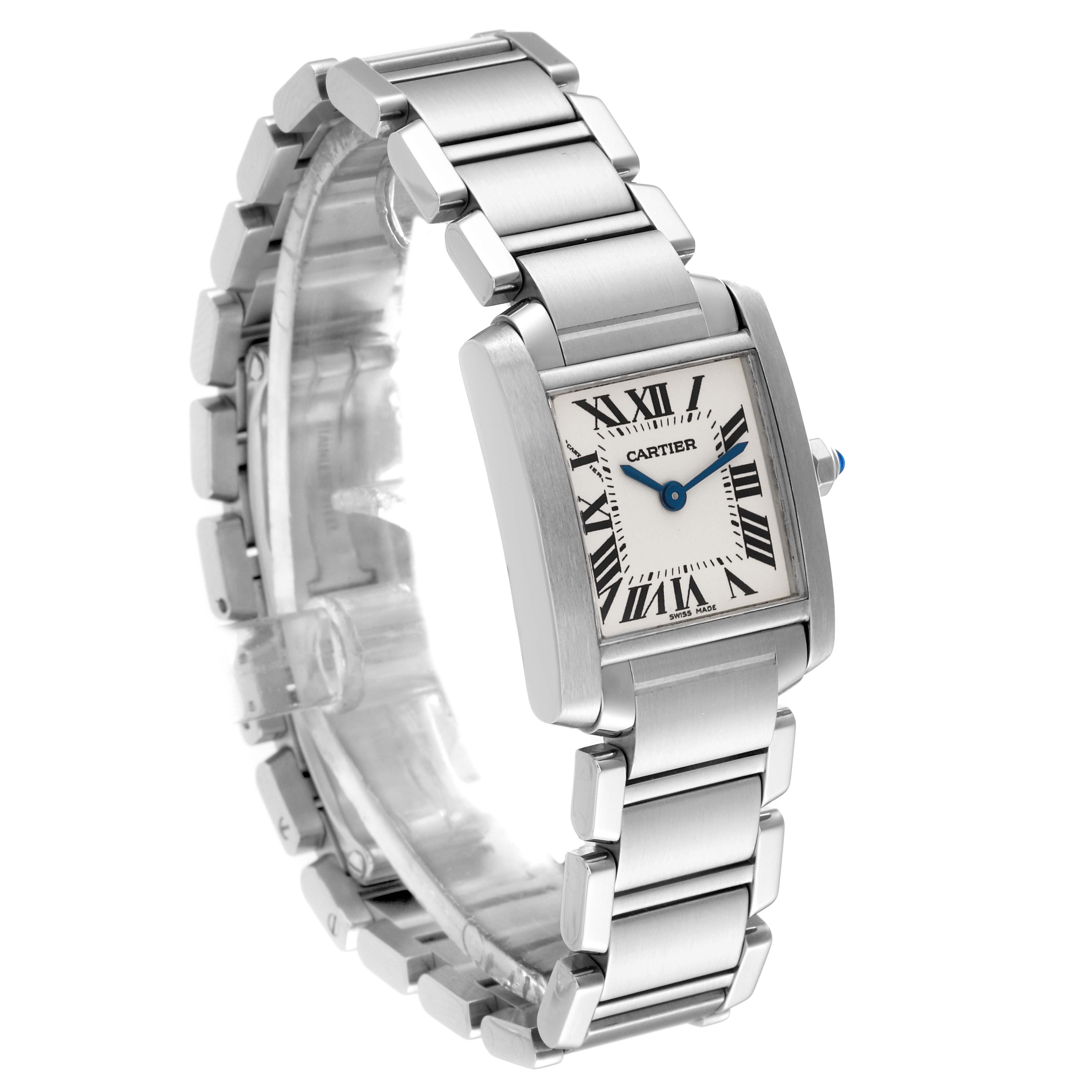 This image shows the Cartier Tank Française watch at a three-quarter angle, highlighting the stainless steel bracelet and case.