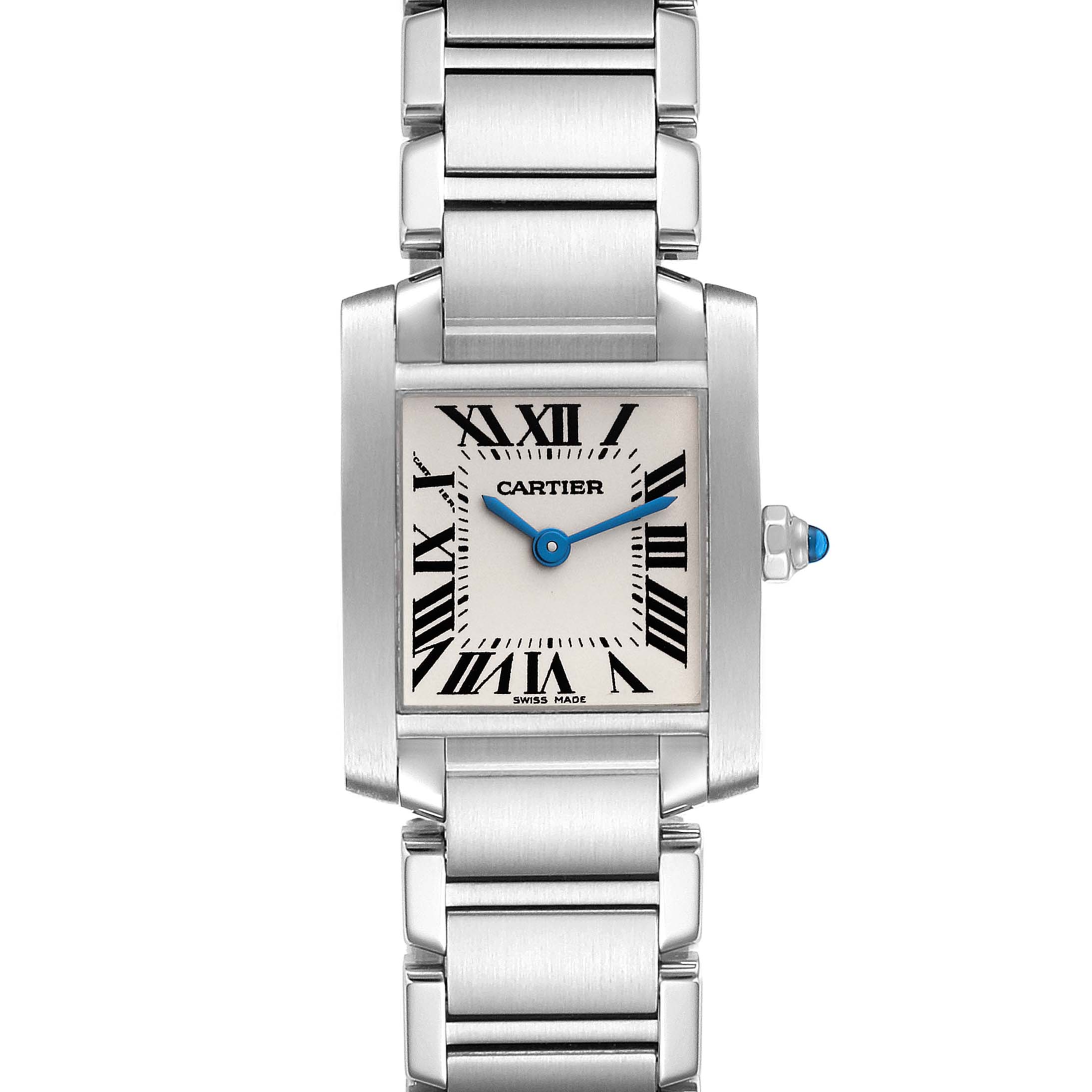 This image shows a front view of the Cartier Tank Française watch, highlighting its rectangular face, Roman numerals, and metal bracelet.