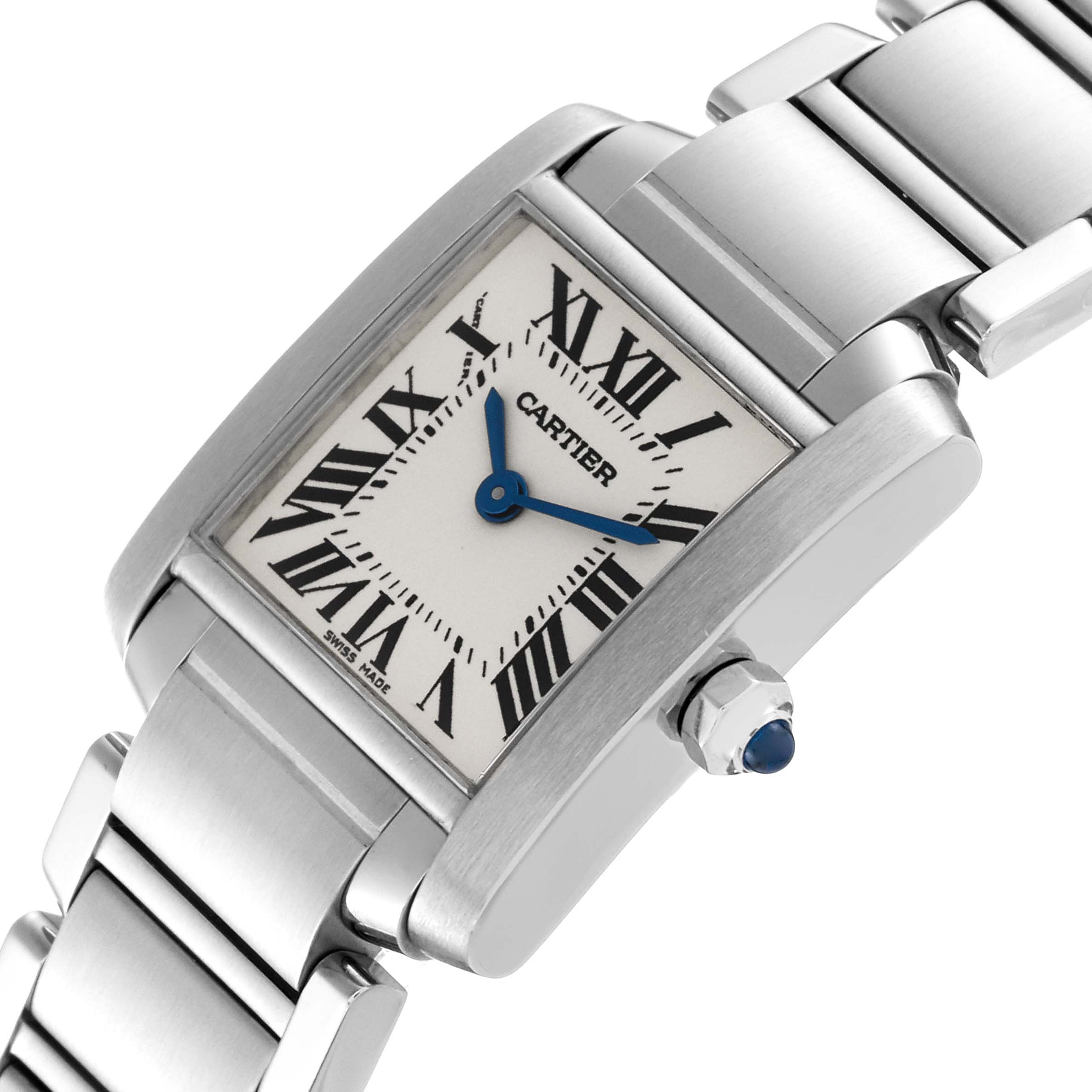 The image shows a close-up angle of the Cartier Tank Francaise W51008Q3 Women
s Stainless Steel Silver Dial W51008Q3 Women
s Stainless Steel Silver Dial watch, highlighting the face, Roman numerals, blue hands, and stainless steel bracelet.