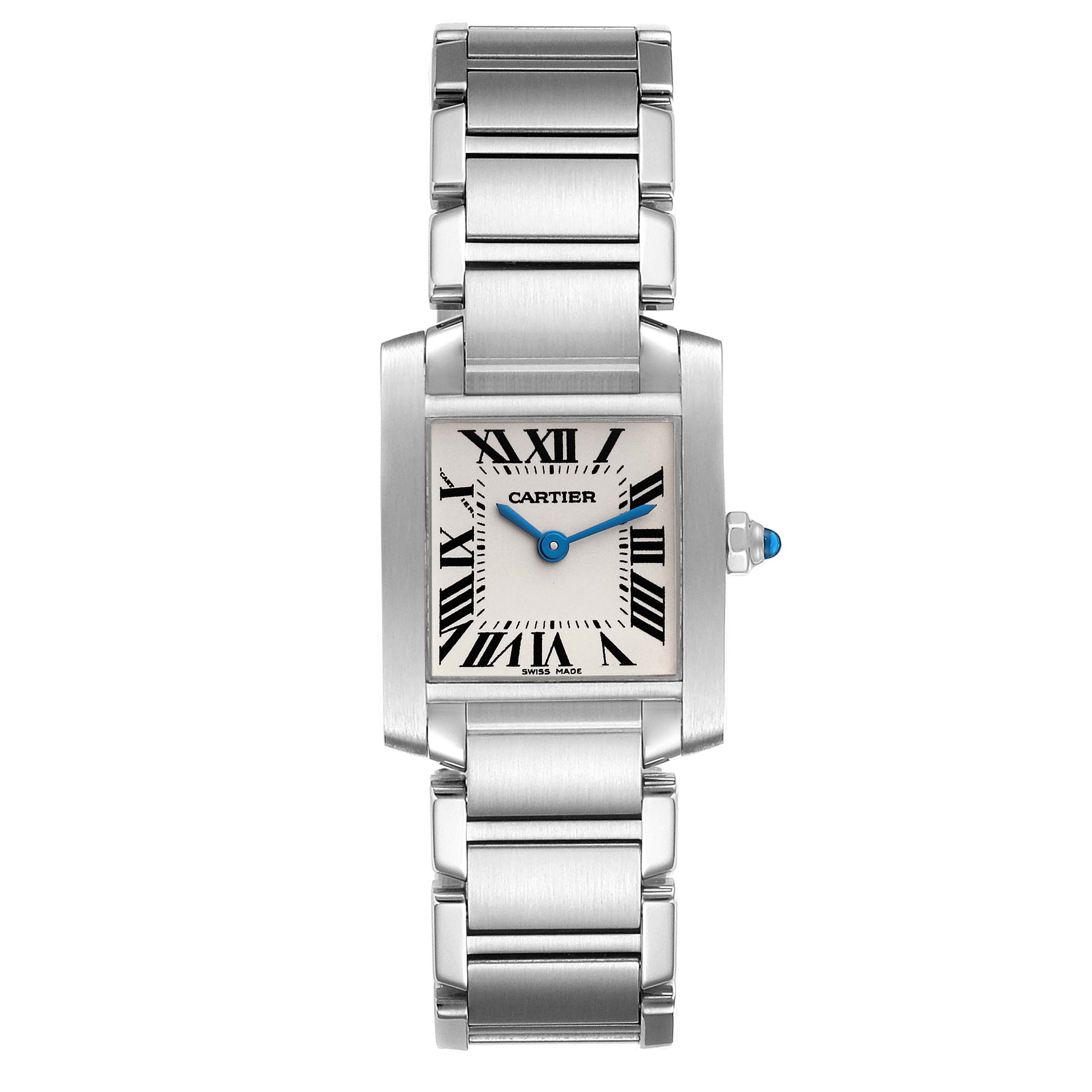 The image shows a front view of a Cartier Tank Française watch, displaying the face, bezel, and bracelet.