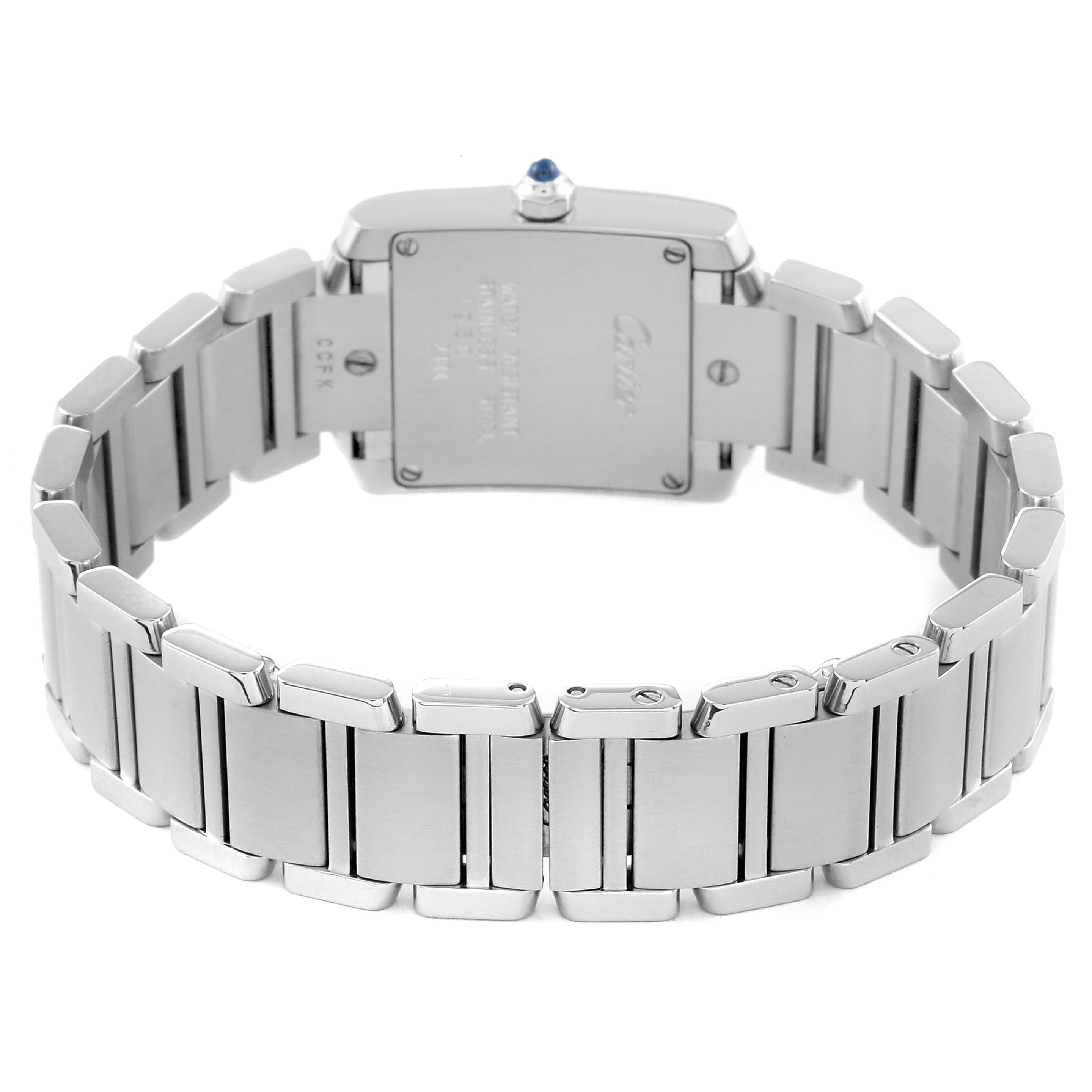 The image shows a Cartier Tank Francaise W51008Q3 Women
s Stainless Steel Silver Dial W51008Q3 Women
s Stainless Steel Silver Dial watch from the back, highlighting the stainless steel bracelet and case back.
