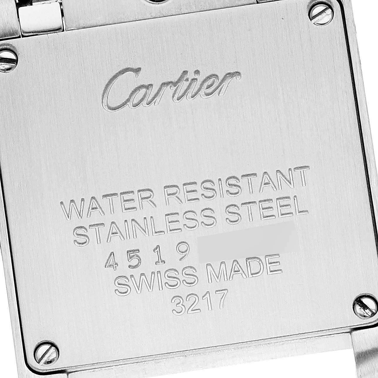 The image shows the back case of a Tank Francaise watch by Cartier, highlighting its water resistance, material, and Swiss origin.