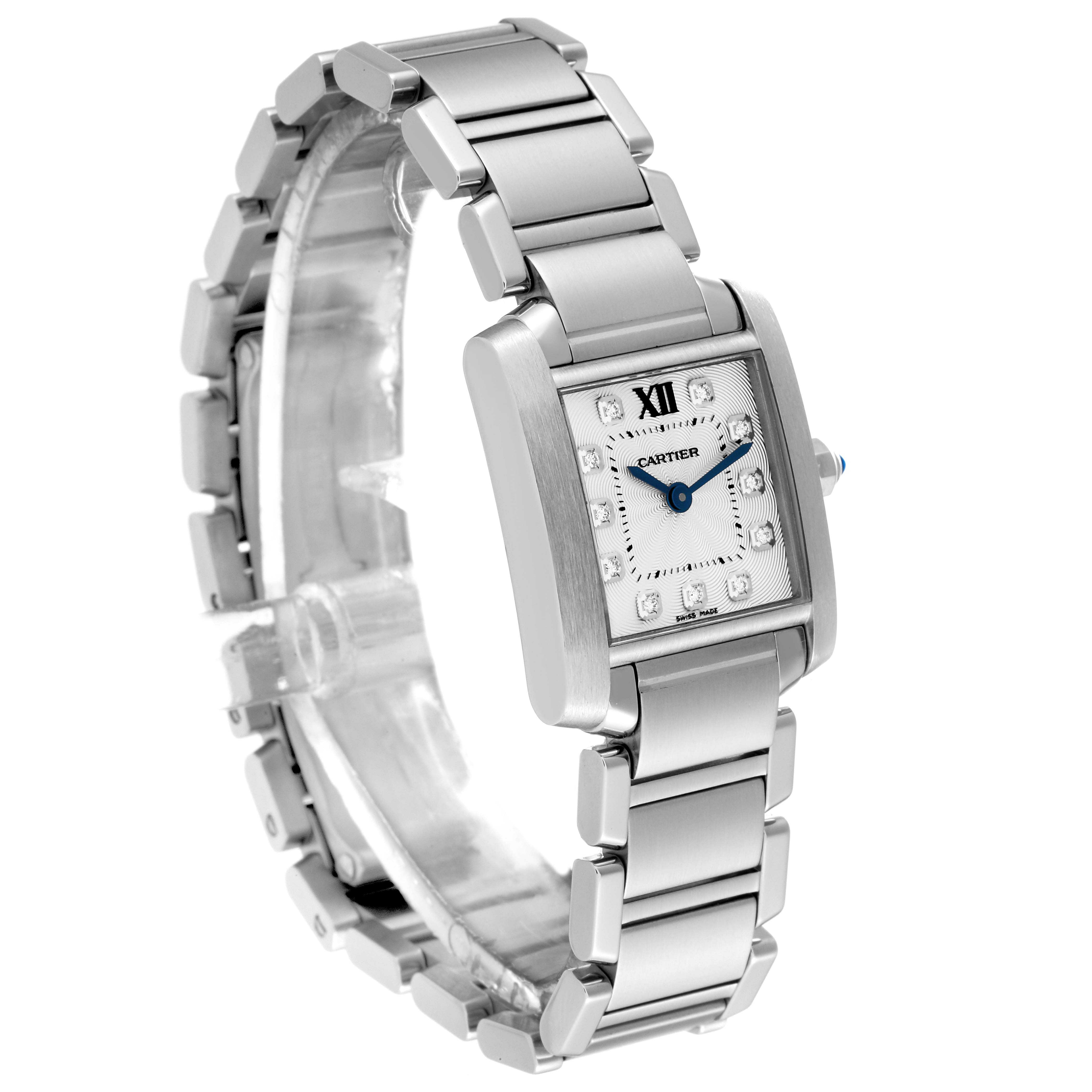 The image displays a three-quarter angled view of the Cartier Tank Française watch, showcasing its band and face.