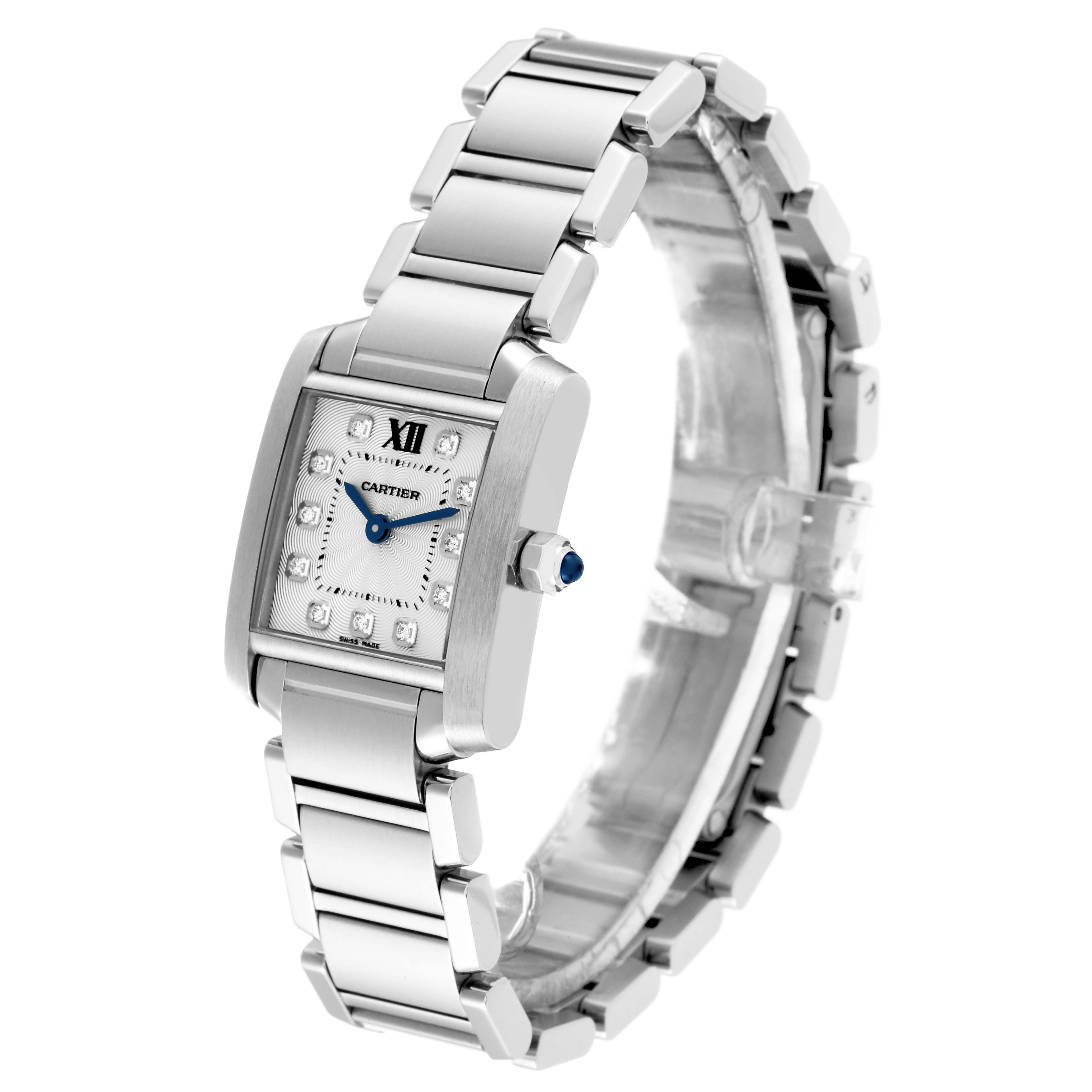 The image shows a Cartier Tank Francaise WE110006 Women's Stainless Steel Silver Dial WE110006 Women's Stainless Steel Silver Dial watch at a three-quarter angle, highlighting its face, bracelet, and crown.